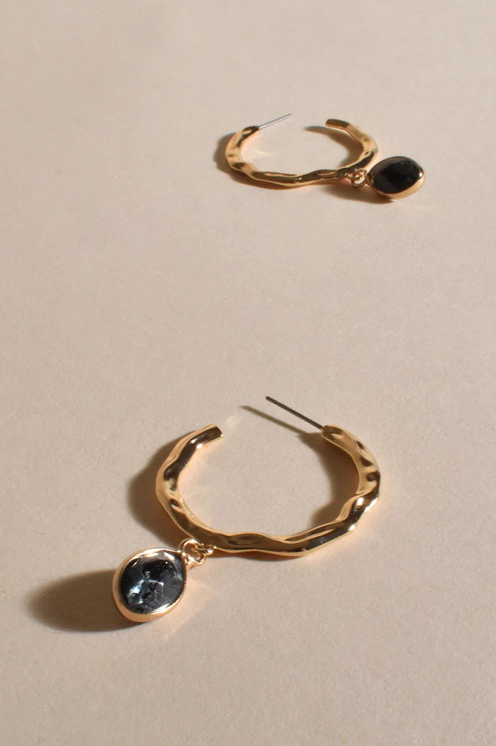 Adorne Beaten Metal Stone Drop Hoops 3233 - Black/Gold
