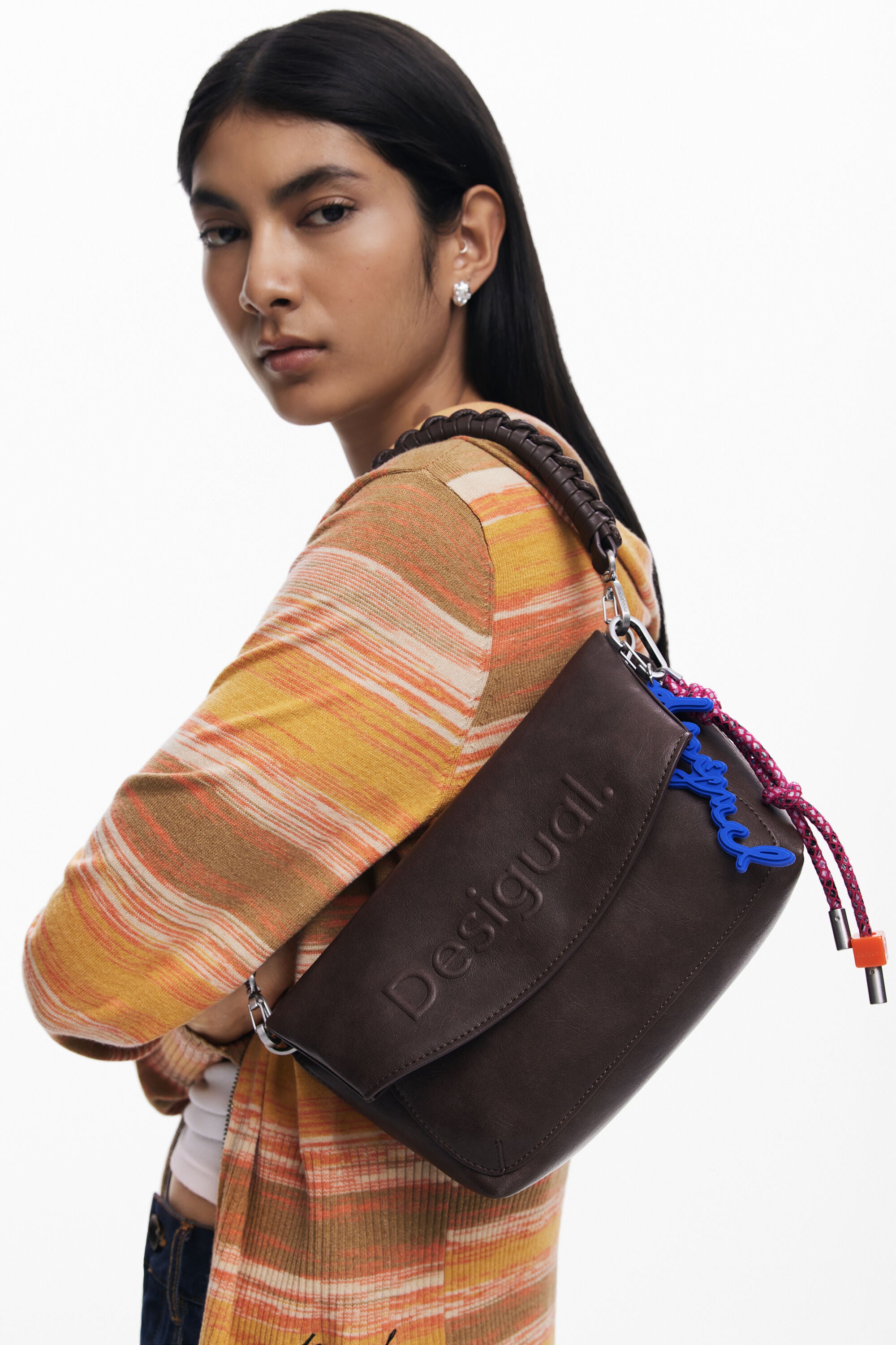 Desigual Faux Suede Bag 3D Logo - Brown