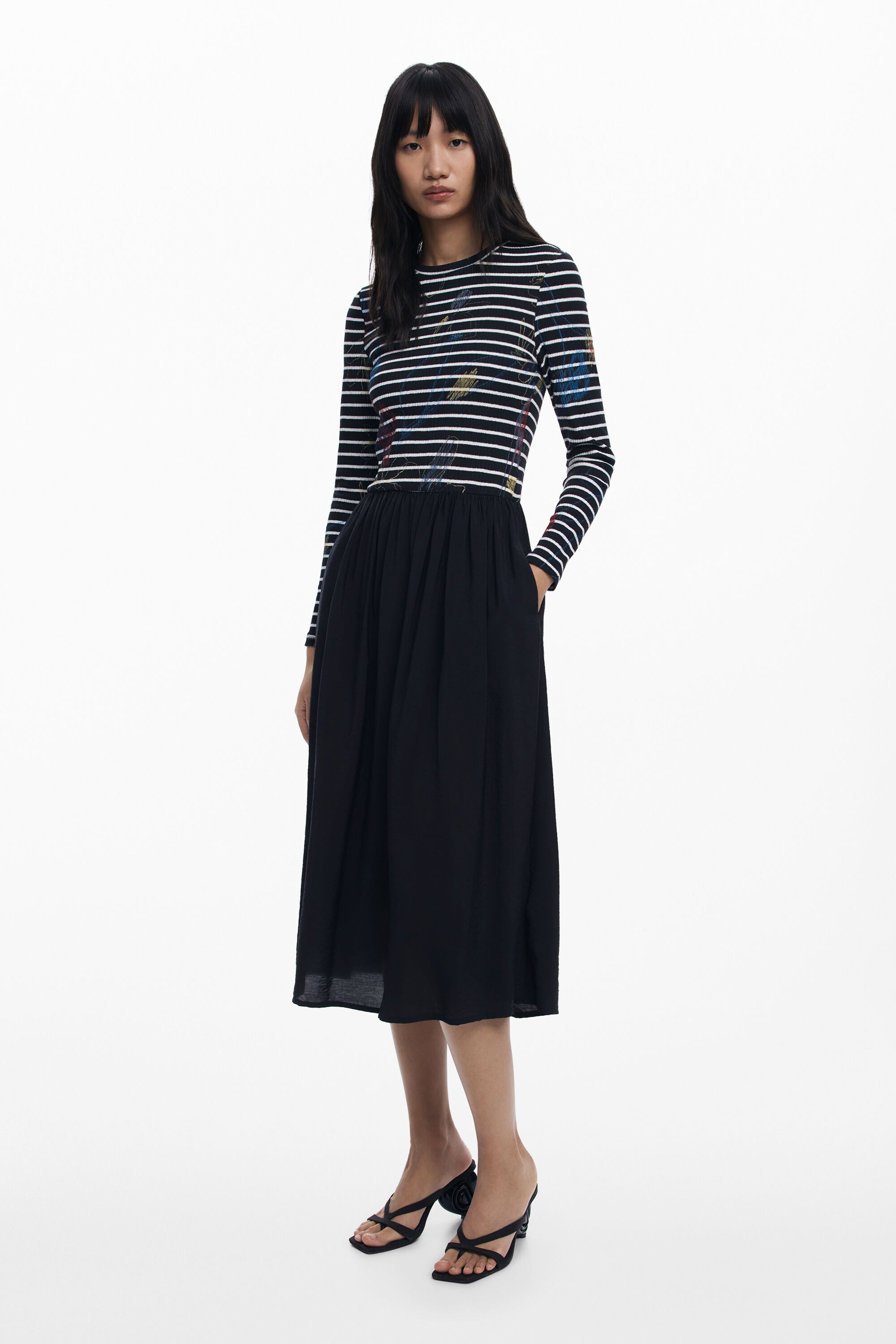 Desigual Striped Combined Dress - Black/ White