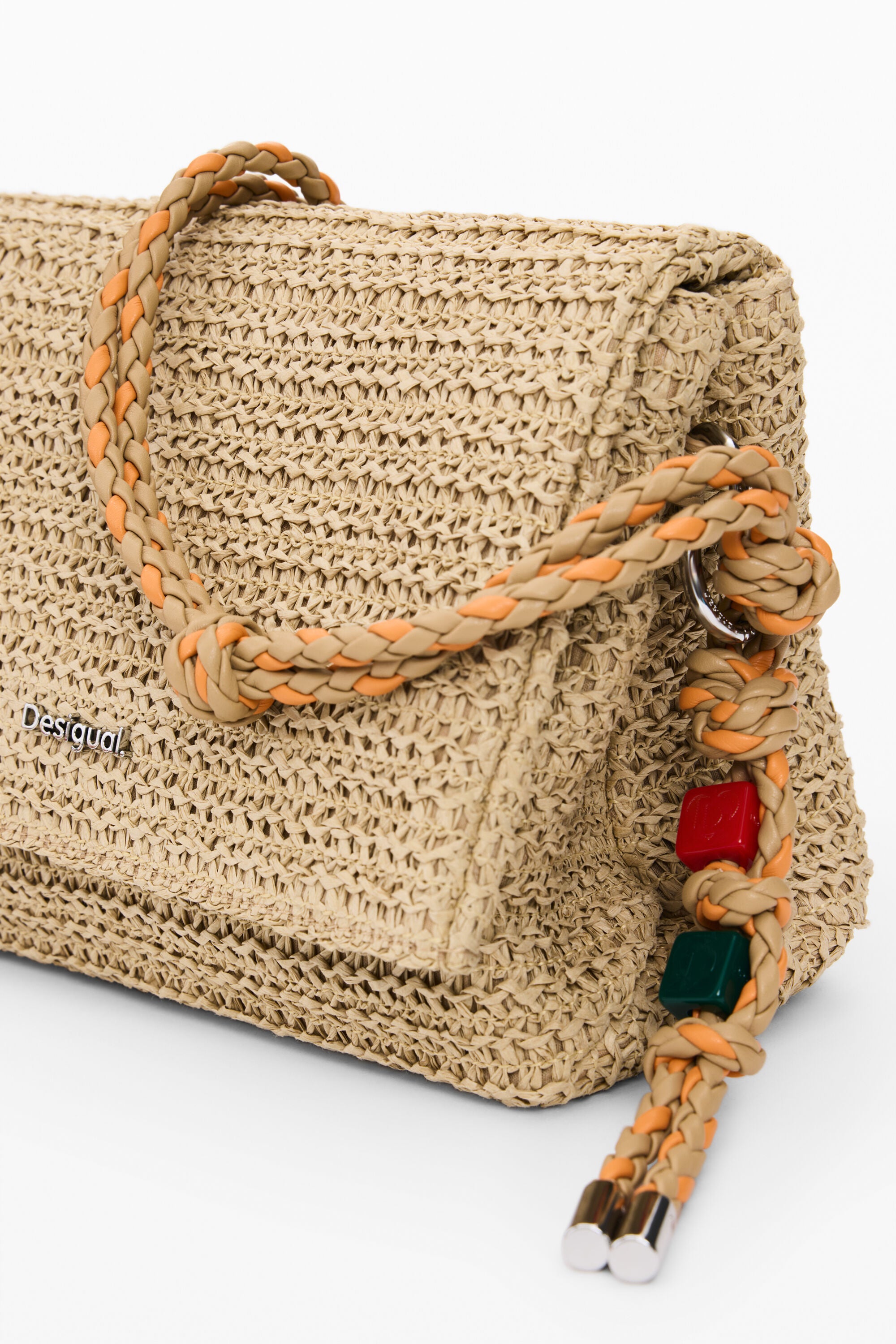 Desigual Raffia Bag With Charms - Natural