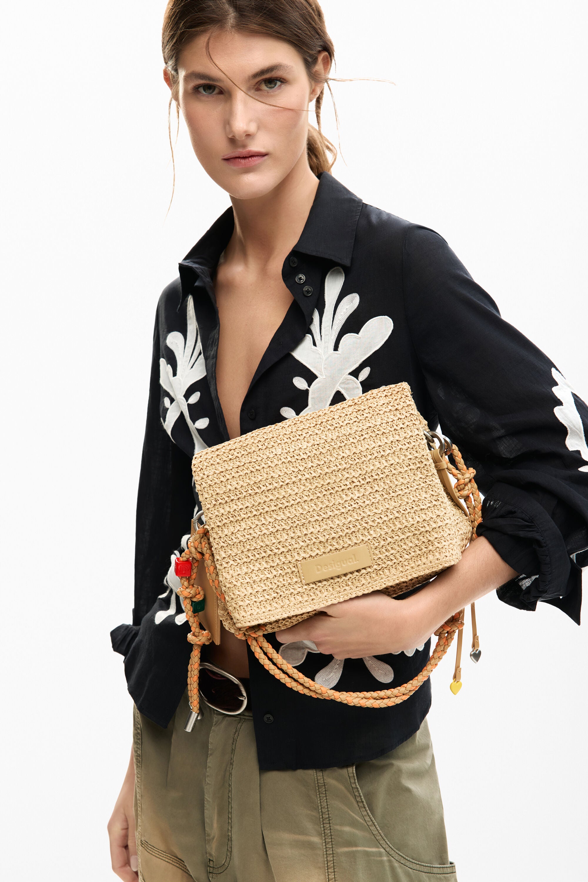 Desigual Raffia Bag With Charms - Natural