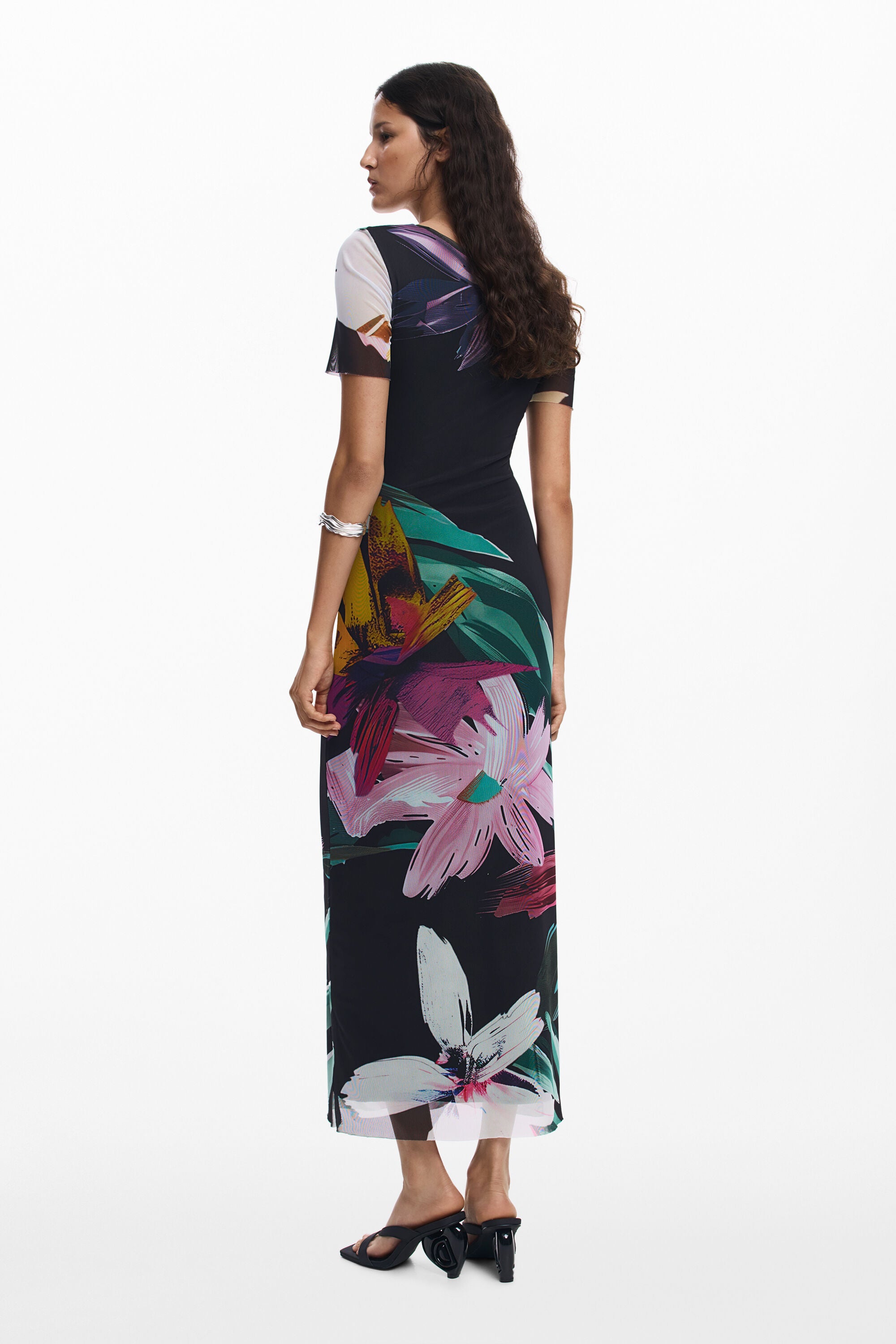 Desigual Mesh Watercolour Floral Print Dress - Black