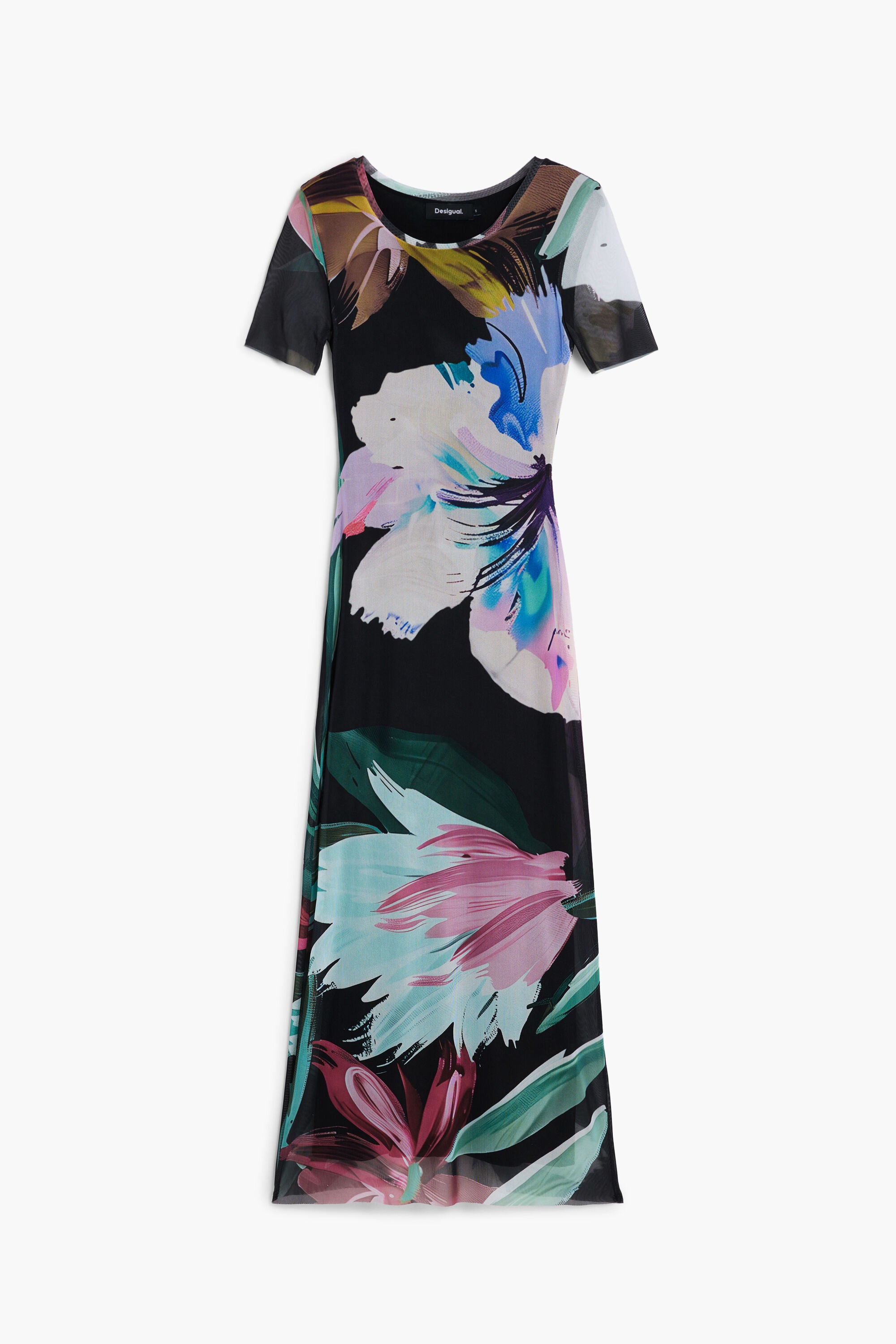 Desigual Mesh Watercolour Floral Print Dress - Black