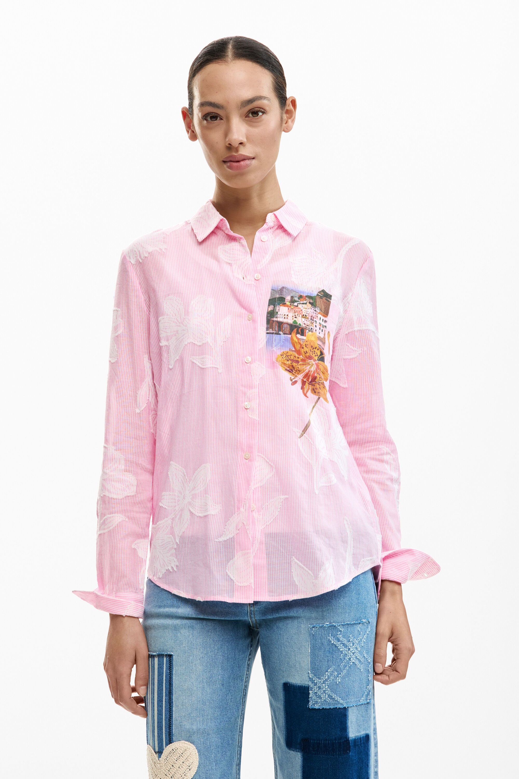 Desigual Pin Stripe Embroided Floral Shirt - Soft Pink