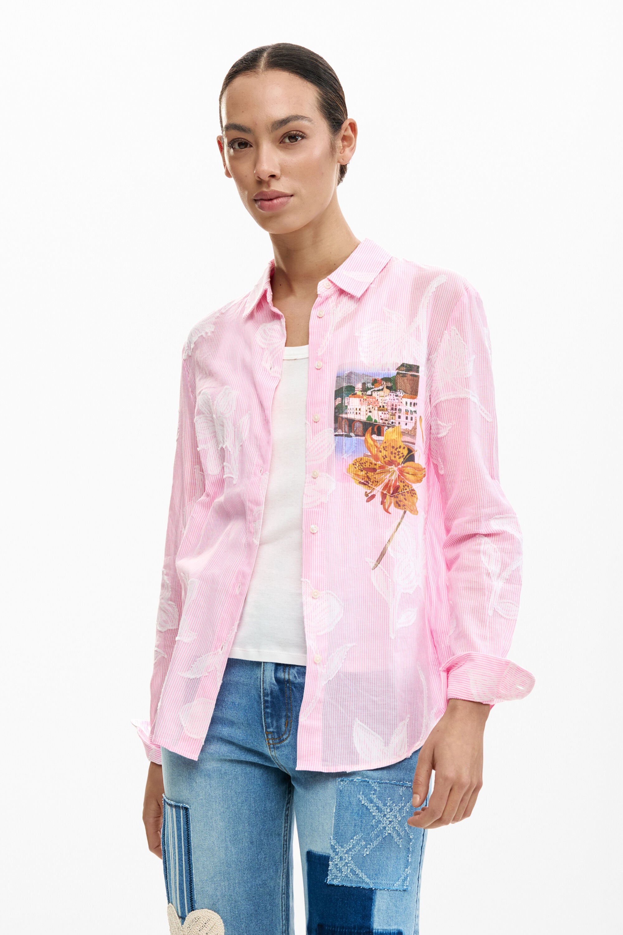 Desigual Pin Stripe Embroided Floral Shirt - Soft Pink