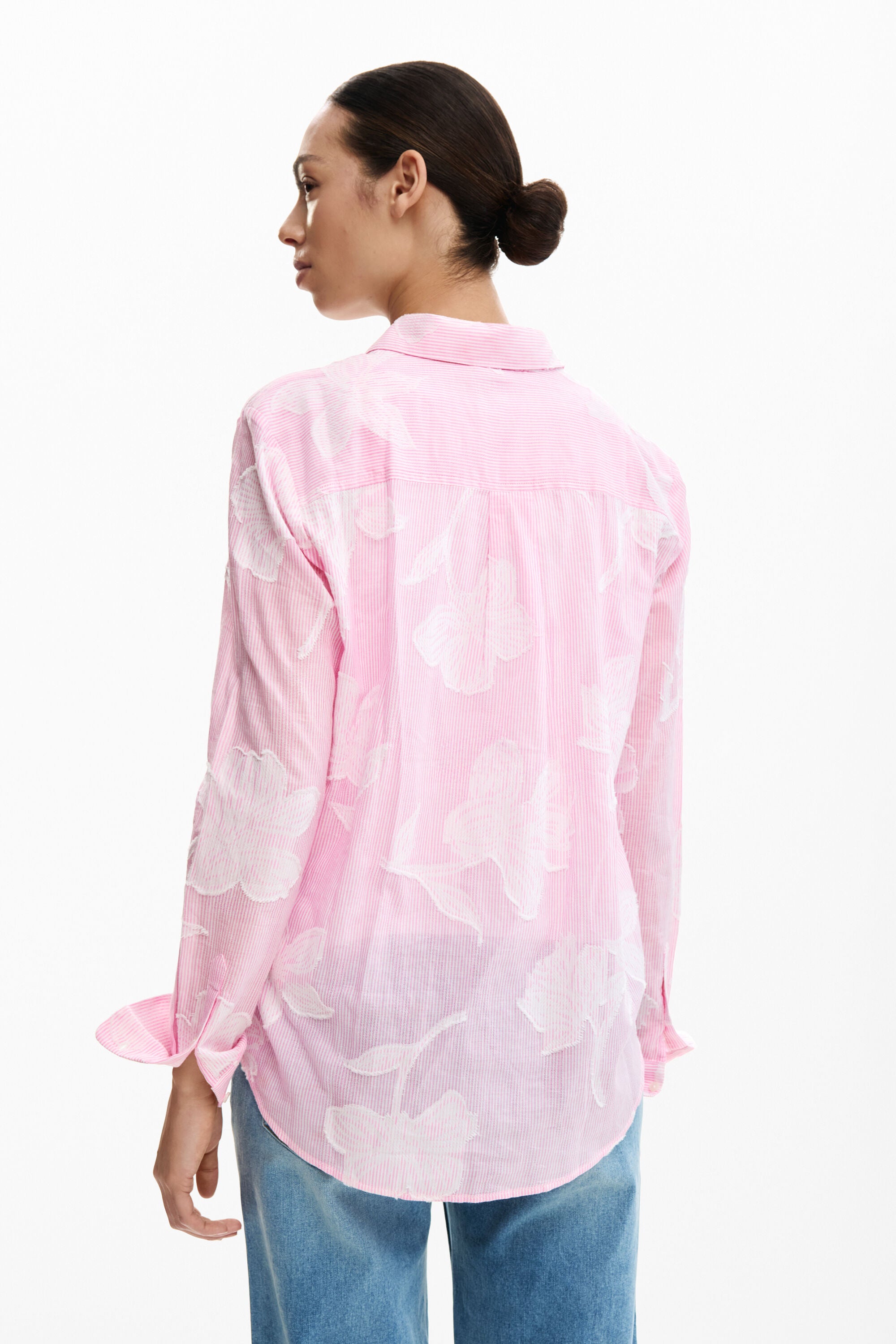 Desigual Pin Stripe Embroided Floral Shirt - Soft Pink