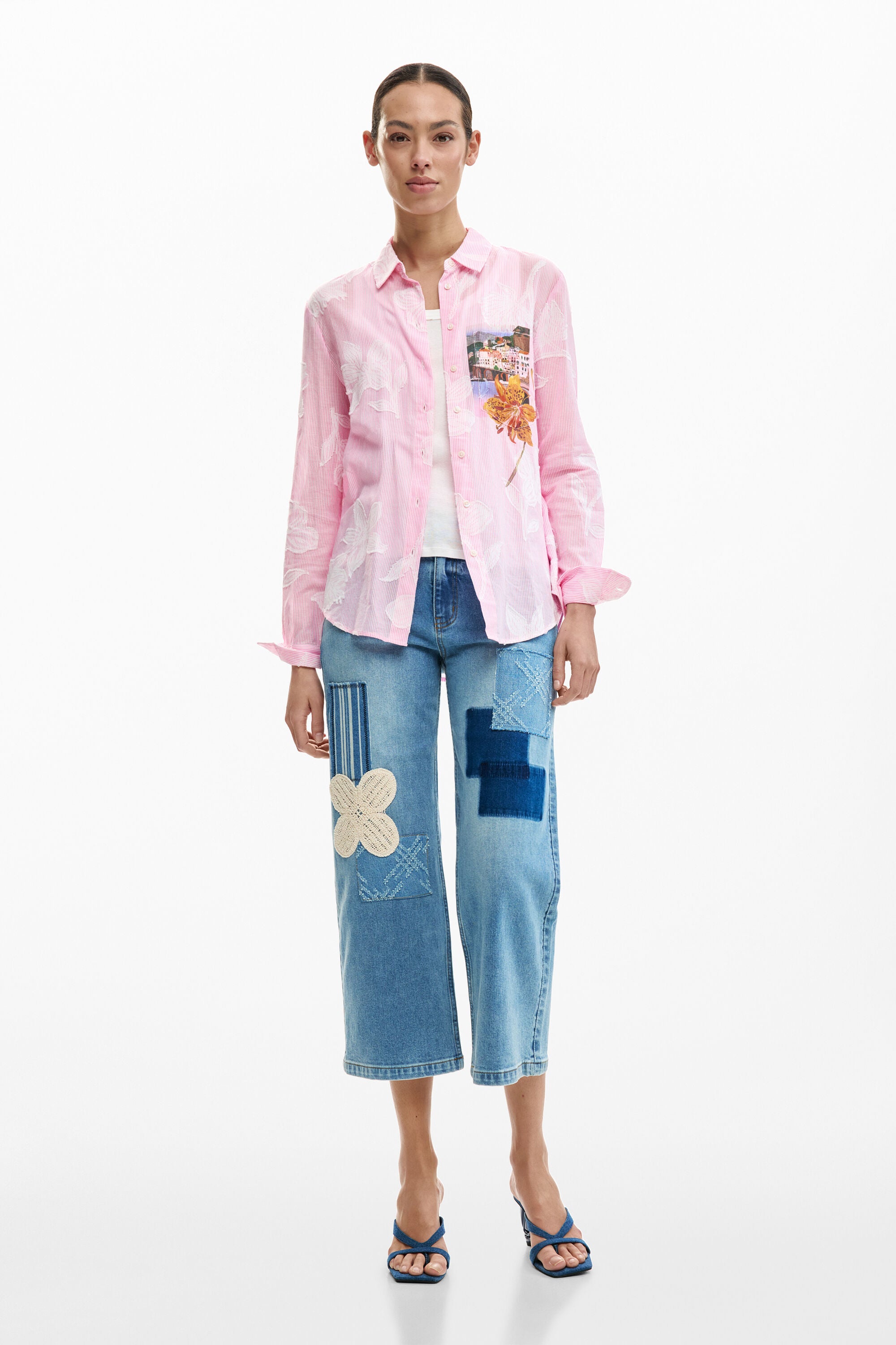 Desigual Pin Stripe Embroided Floral Shirt - Soft Pink