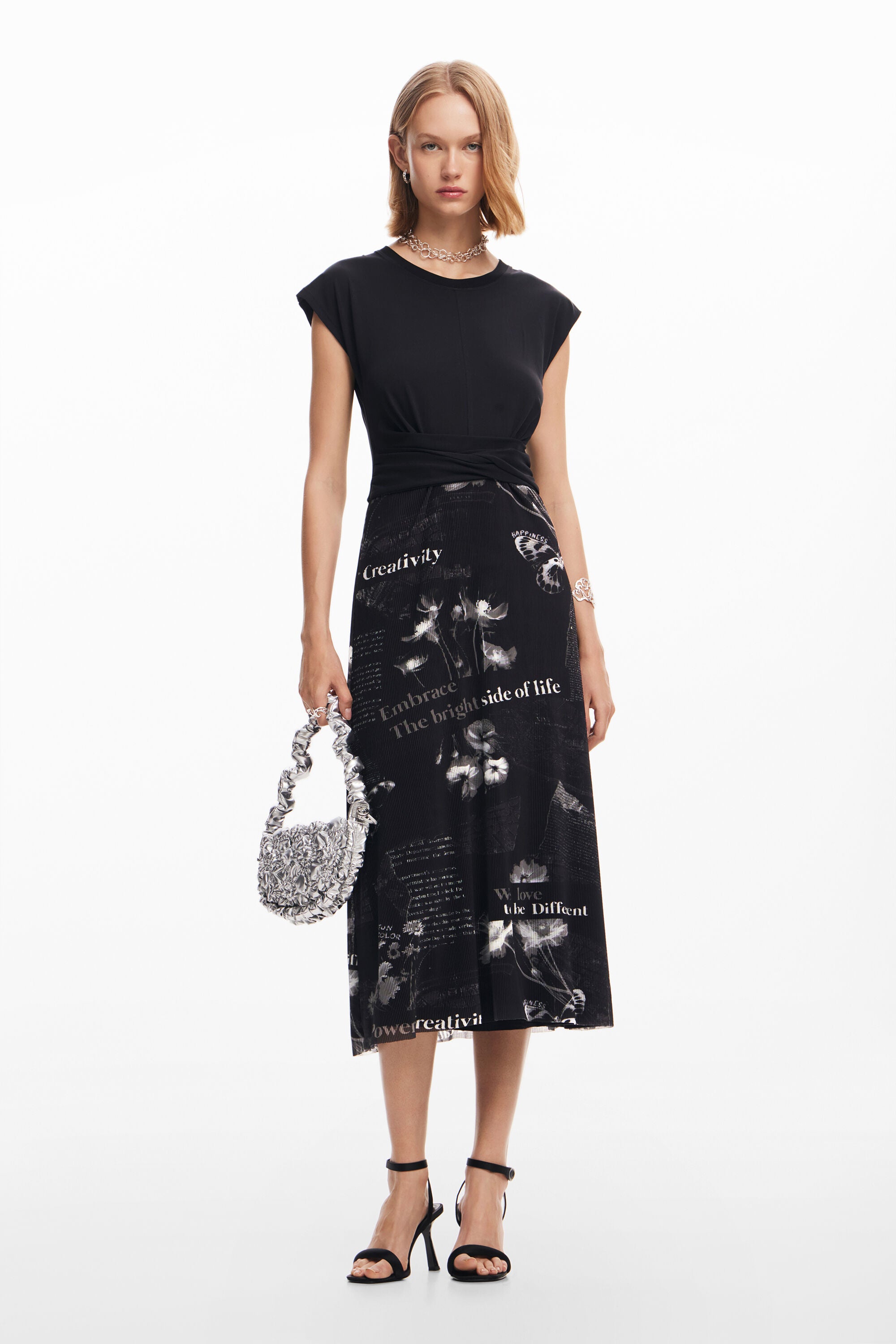 Desigual Pleated Midi Dress - Black/ White