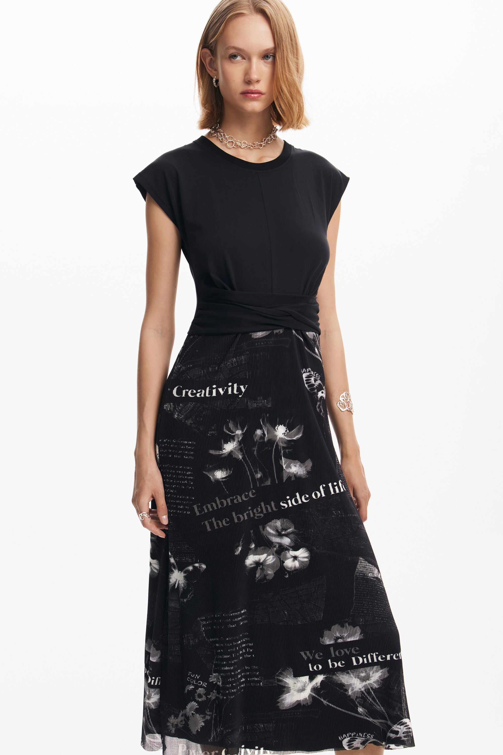 Desigual Pleated Midi Dress - Black/ White