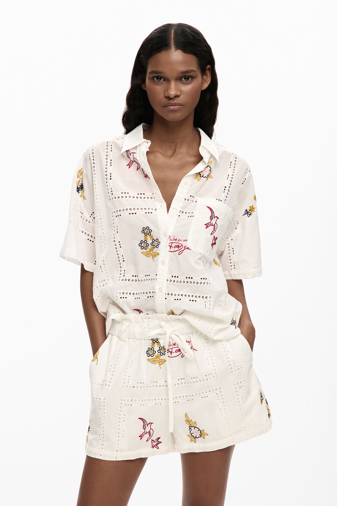 Desigual Short Sleeve Embroided Shirt - Off White