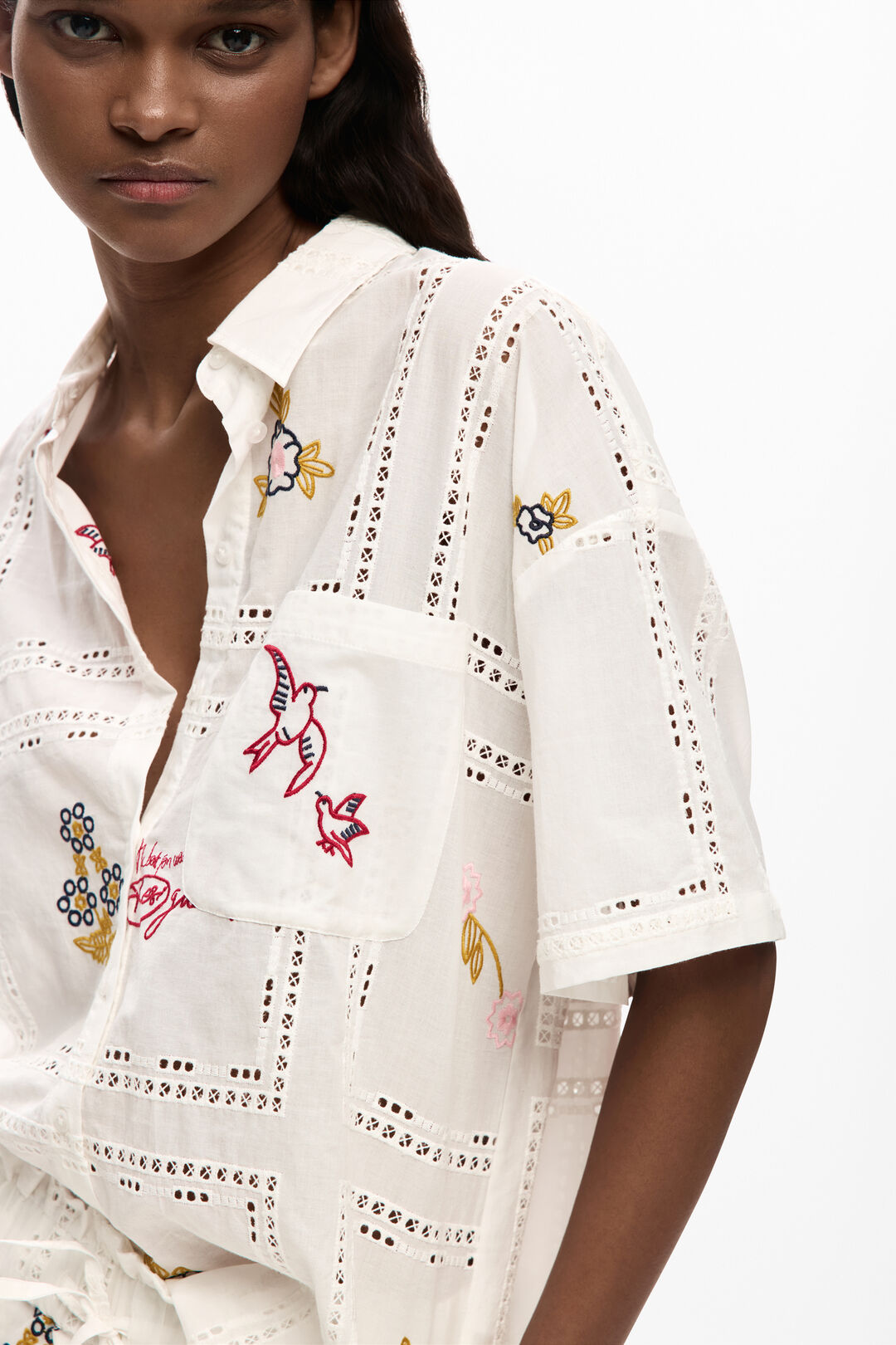 Desigual Short Sleeve Embroided Shirt - Off White