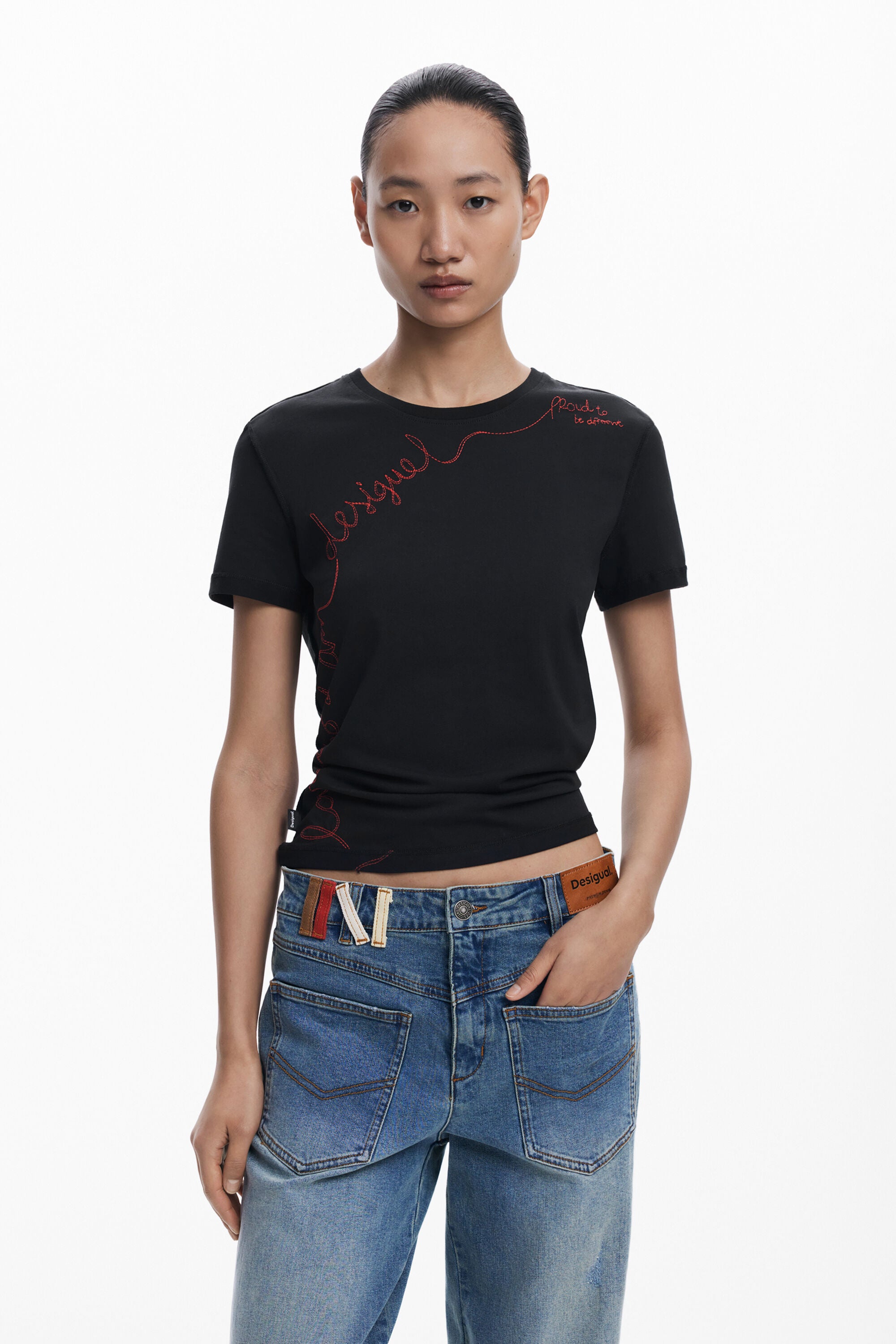 Desigual Embroided Phrase  T'Shirt - Black