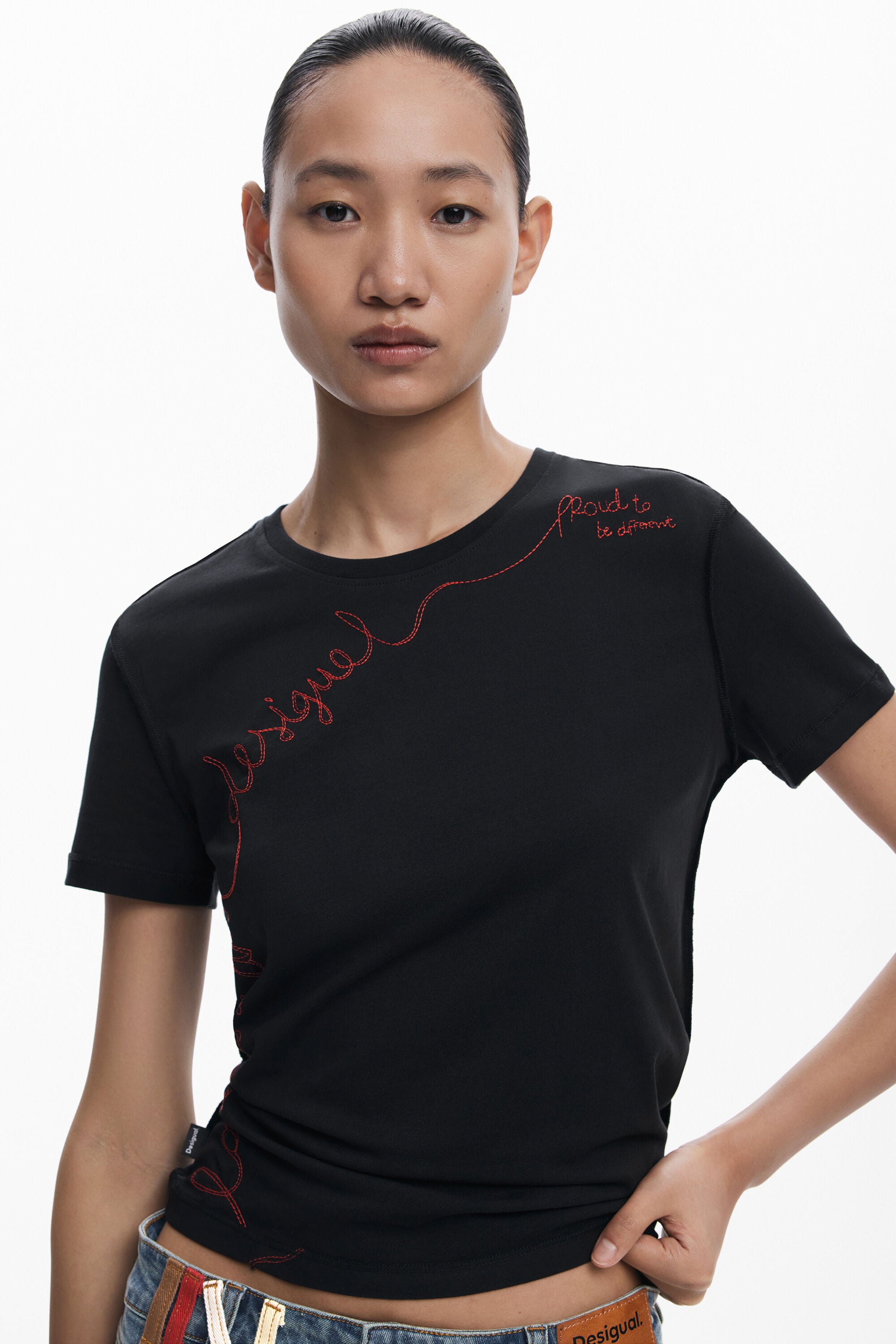 Desigual Embroided Phrase  T'Shirt - Black