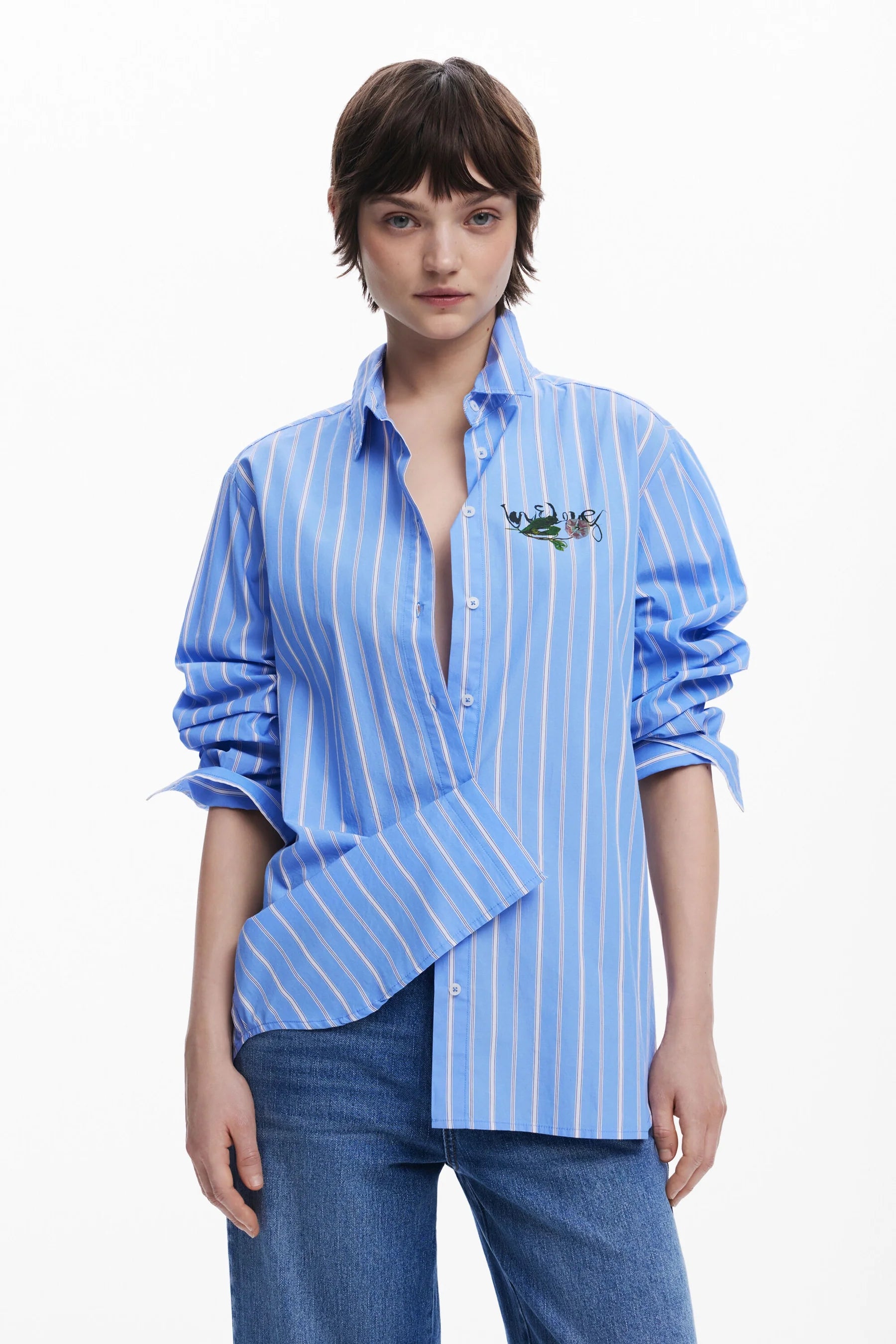 Desigual Oversized Striped Shirt "Dont Do It" - Blue
