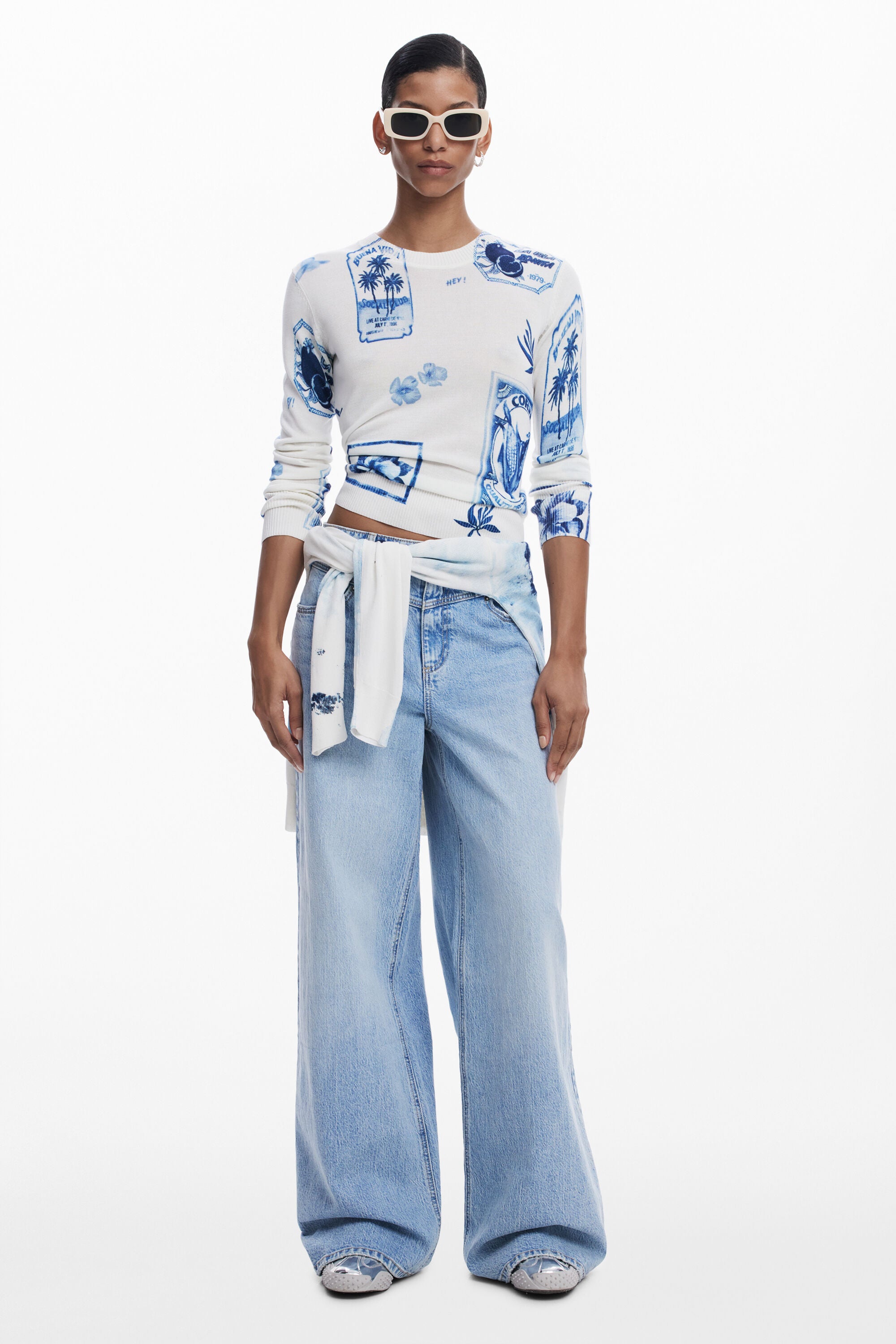 Desigual Tropical Stamps Sweater - White/ Blue