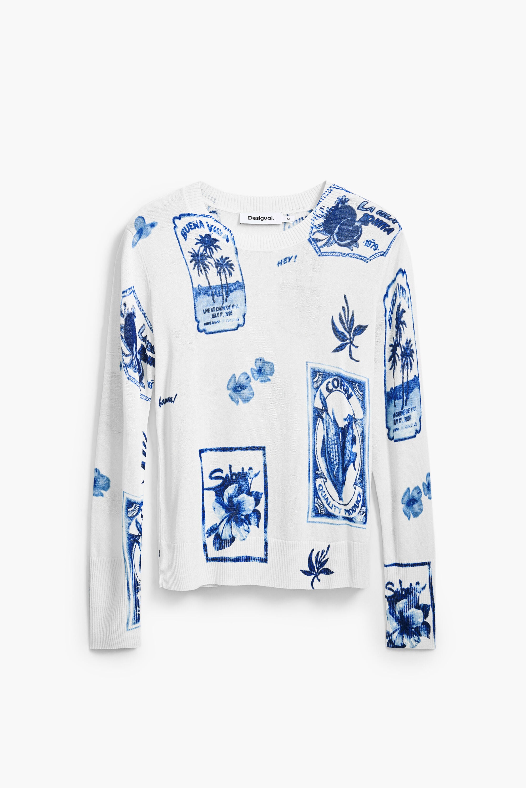 Desigual Tropical Stamps Sweater - White/ Blue