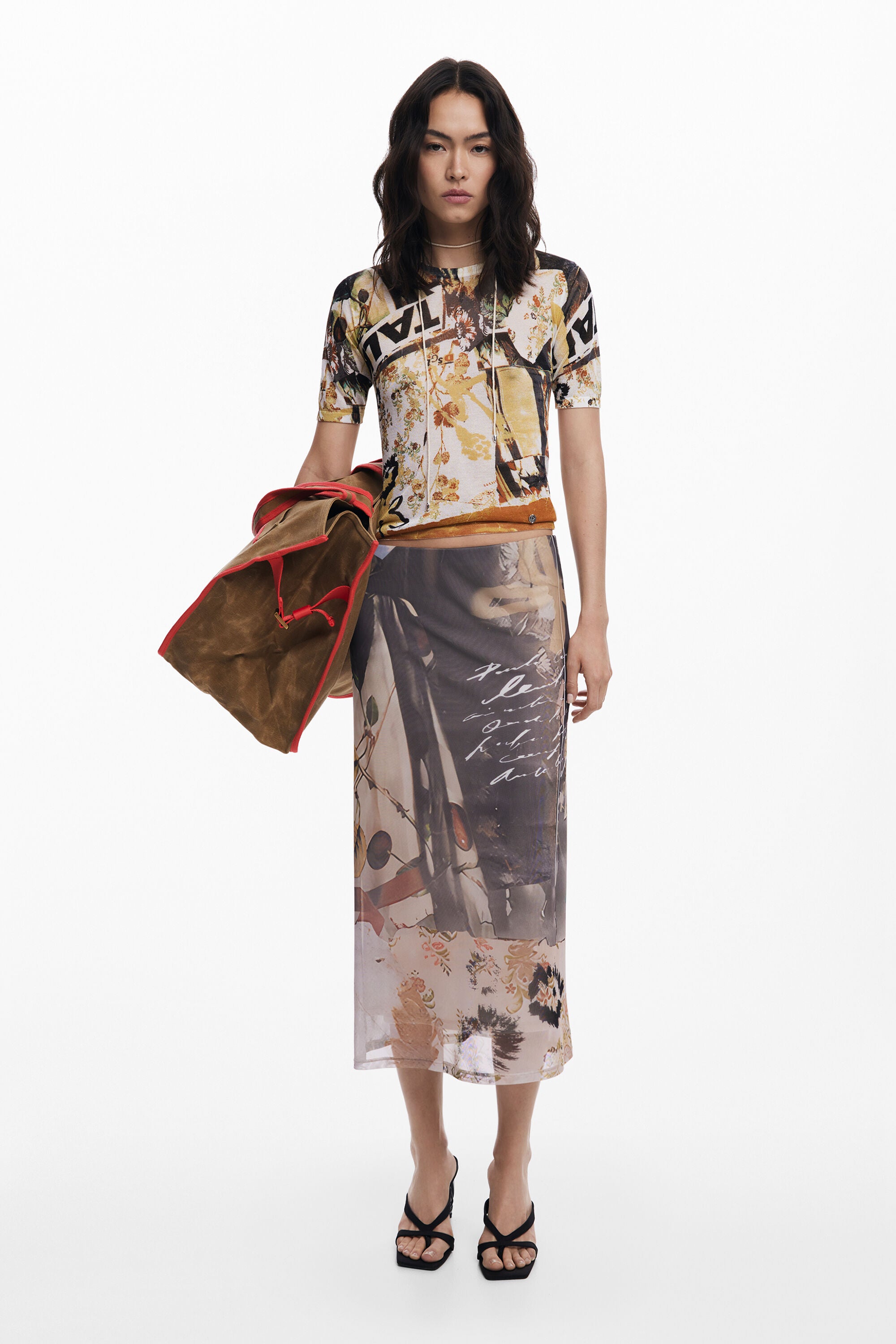 Desigual Mesh Midi Skirt 052002 - Collage Effect Print