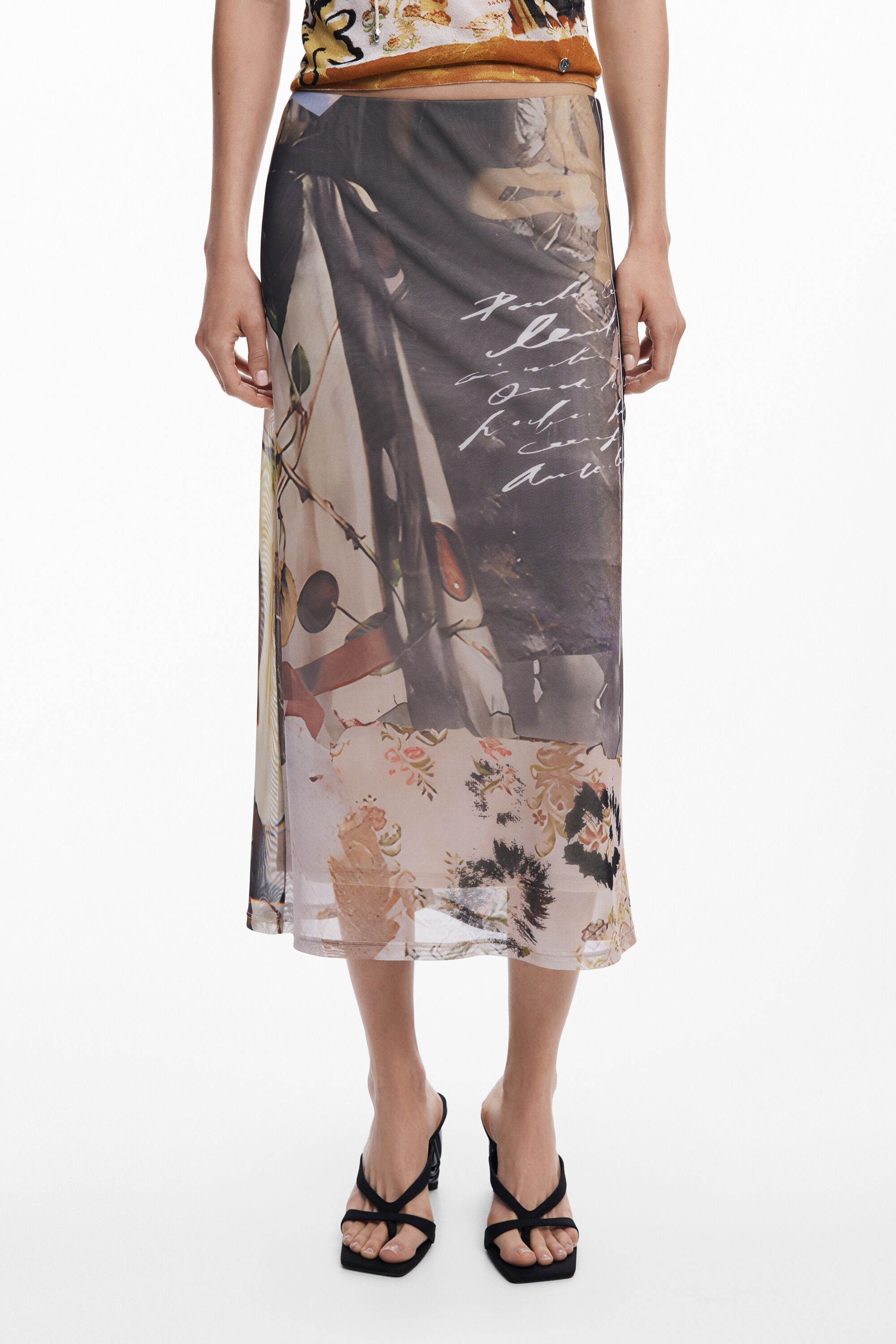 Desigual Mesh Midi Skirt 052002 - Collage Effect Print
