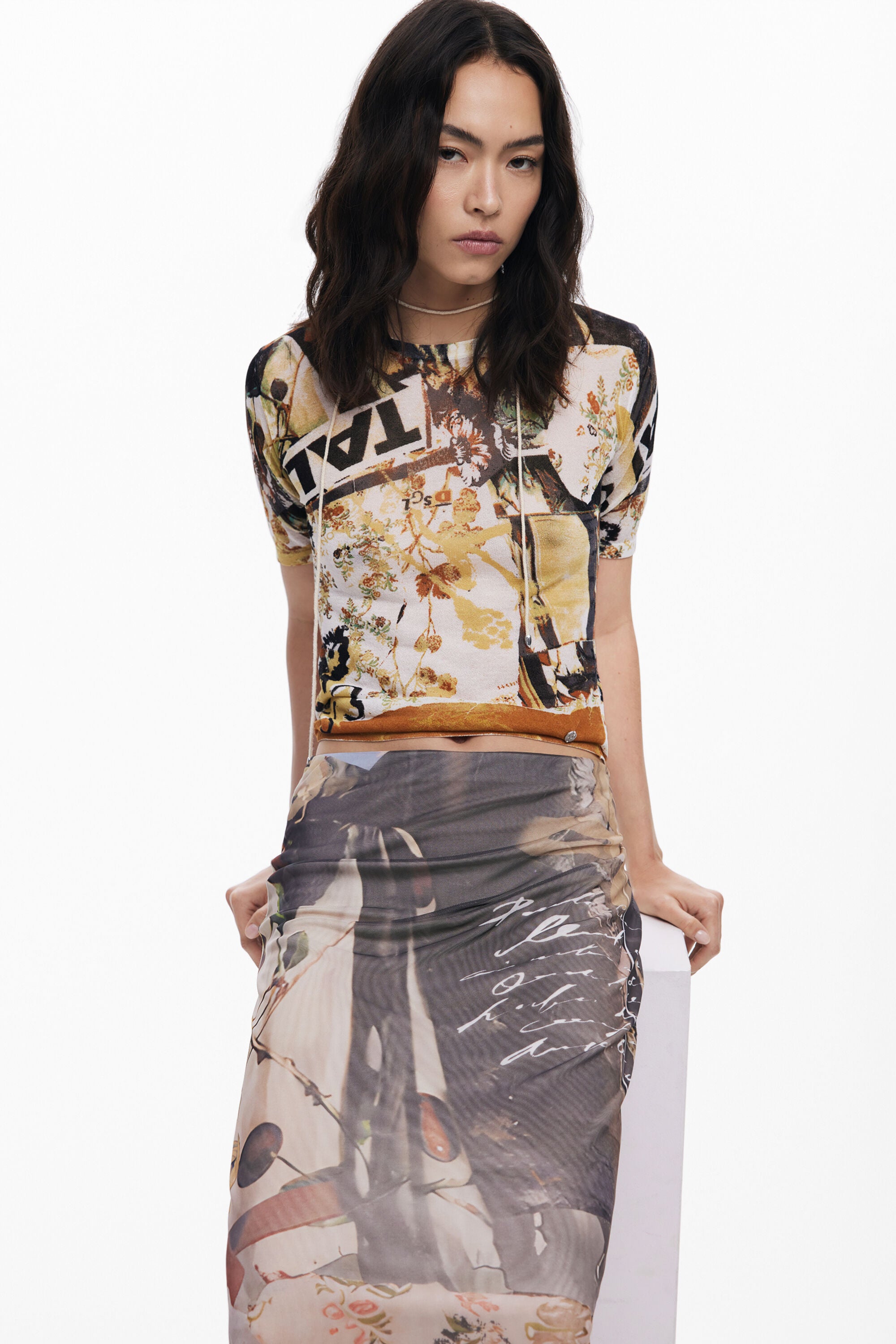 Desigual Mesh Midi Skirt 052002 - Collage Effect Print