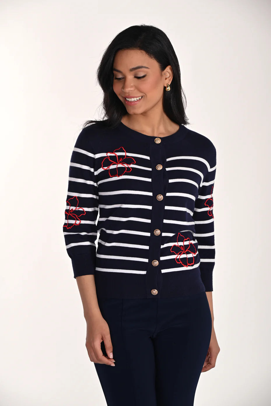 Frank Lyman Striped Floral Cardigan 266553 - Midnight/ White