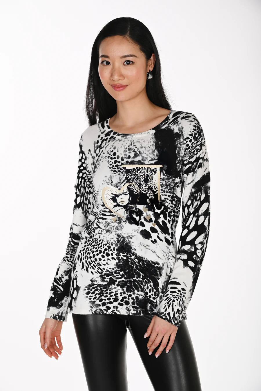 Frank Lyman Animal Print Jewel Pullover - Black/ Off-White