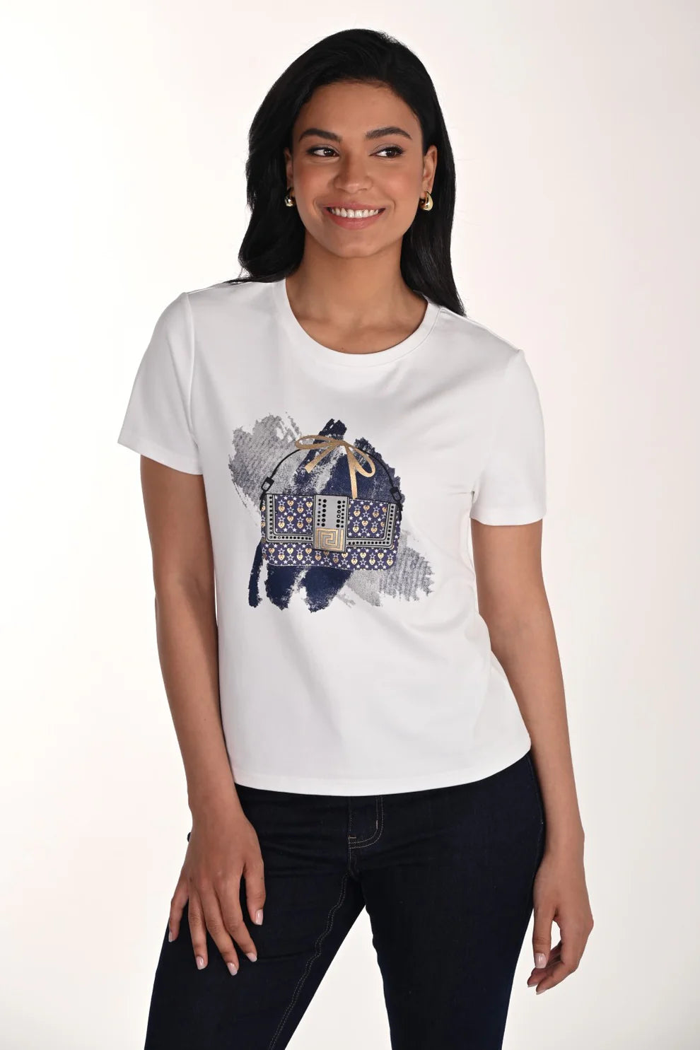 Frank Lyman Embelished Handbag Motif T'Shirt 266583 - Off White/ Navy