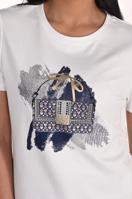 Frank Lyman Embelished Handbag Motif T'Shirt 266583 - Off White/ Navy
