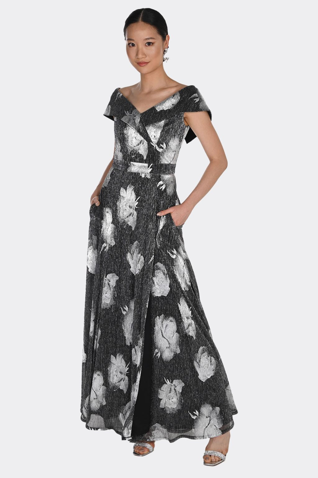 Frank Lyman V Neck A-Line Dress - Black/ Silver