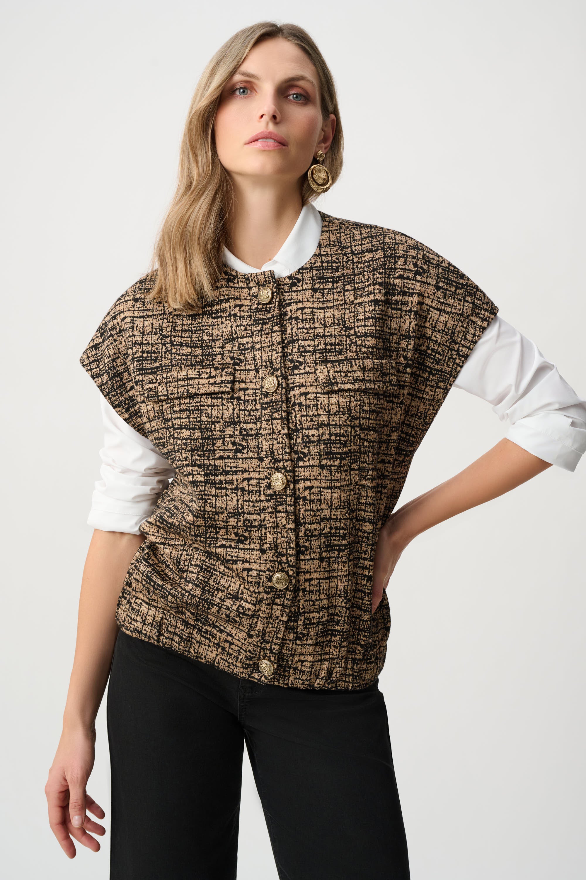 Joseph Ribkoff Jacquard Knit Bomber Vest 263128 - Black/ Beige