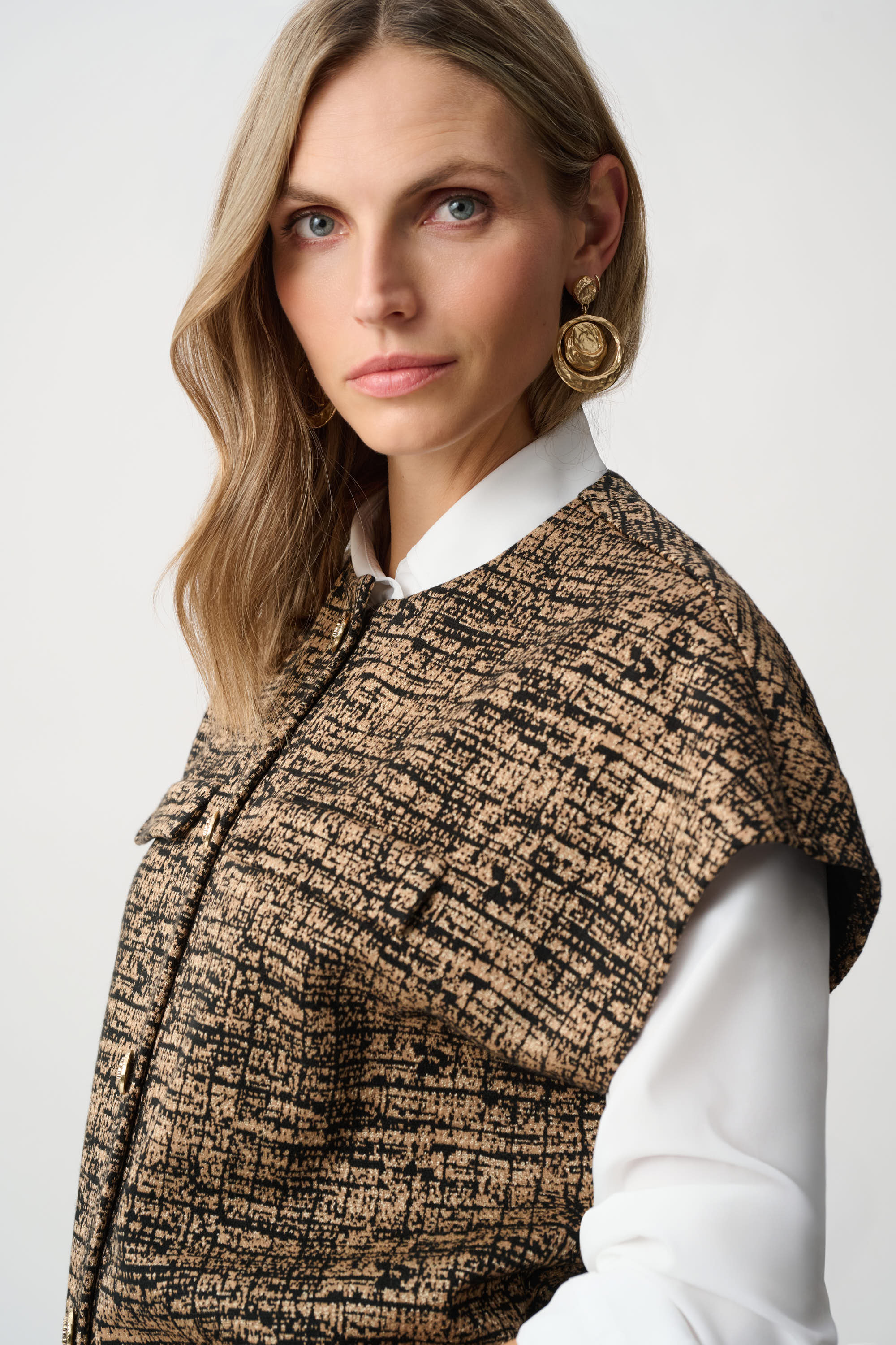 Joseph Ribkoff Jacquard Knit Bomber Vest 263128 - Black/ Beige
