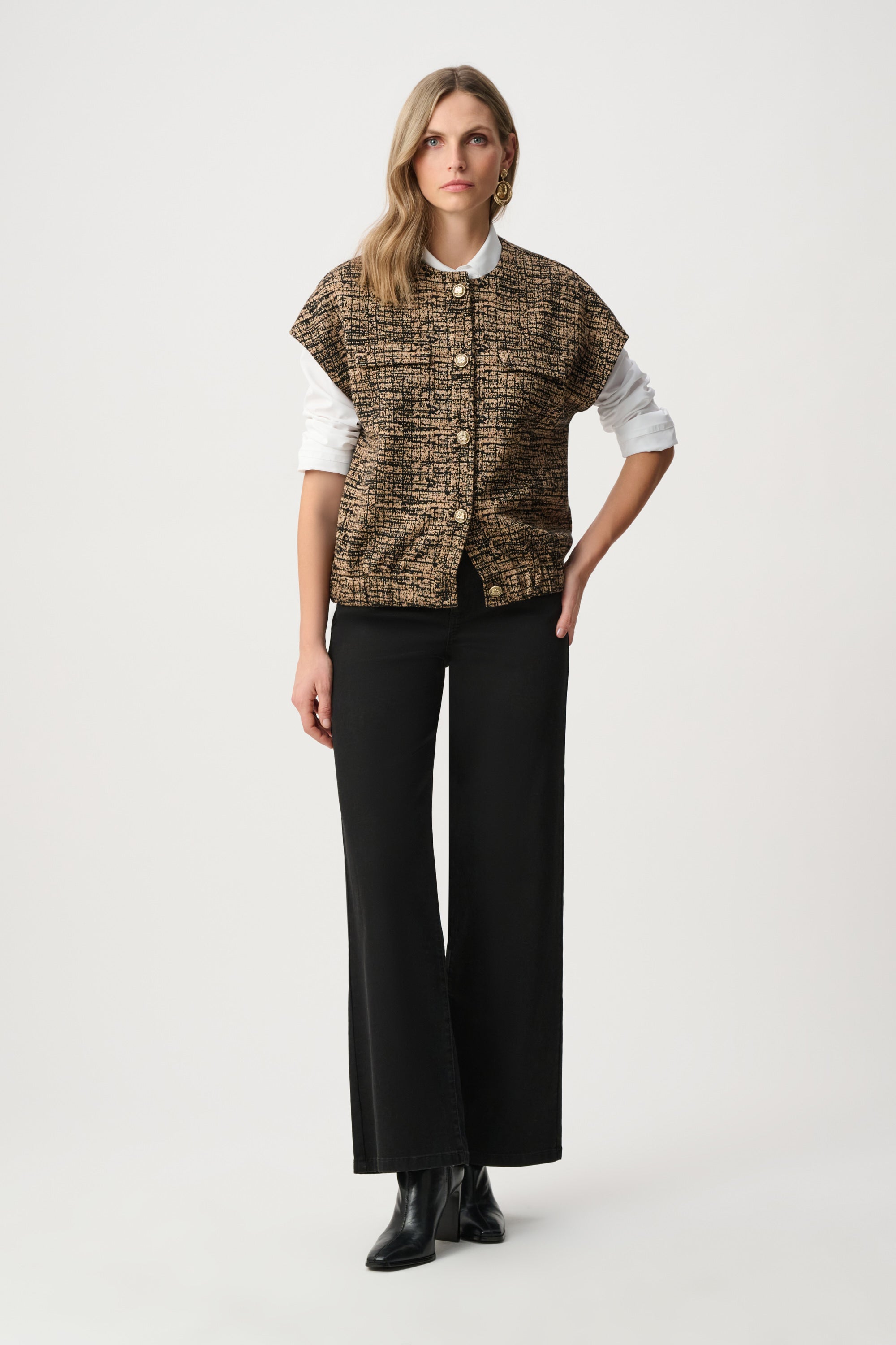 Joseph Ribkoff Jacquard Knit Bomber Vest 263128 - Black/ Beige