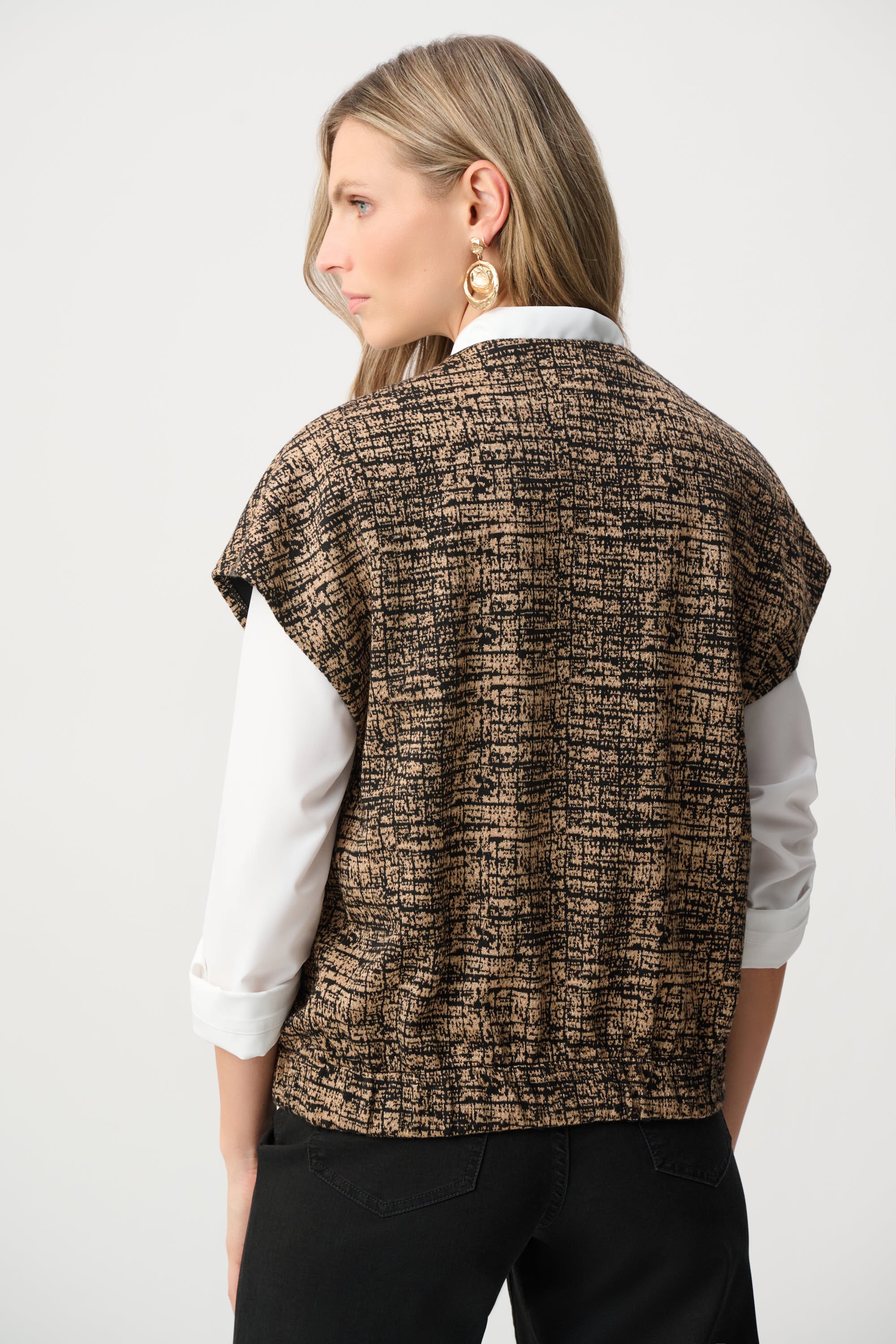 Joseph Ribkoff Jacquard Knit Bomber Vest 263128 - Black/ Beige