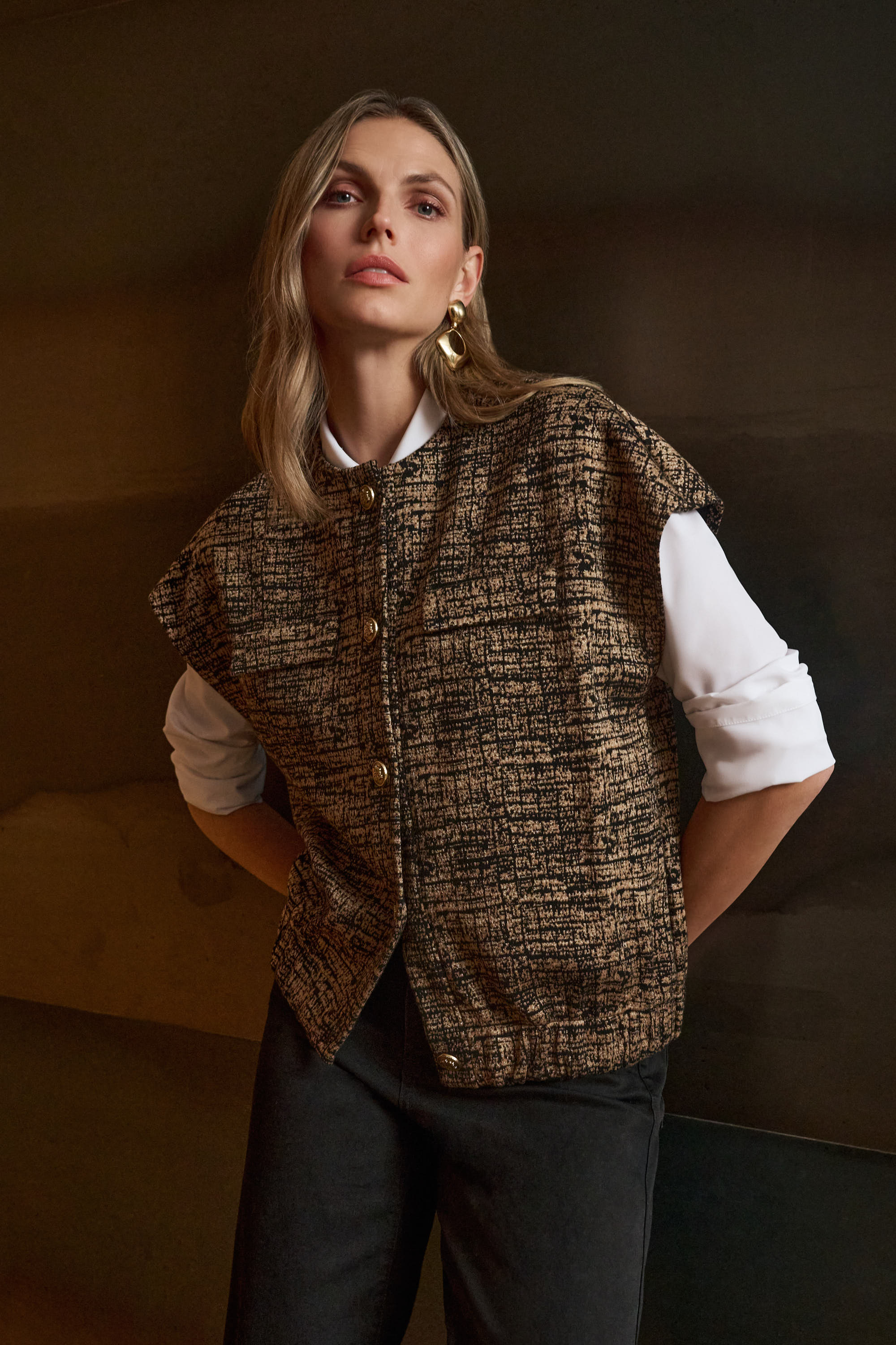 Joseph Ribkoff Jacquard Knit Bomber Vest 263128 - Black/ Beige