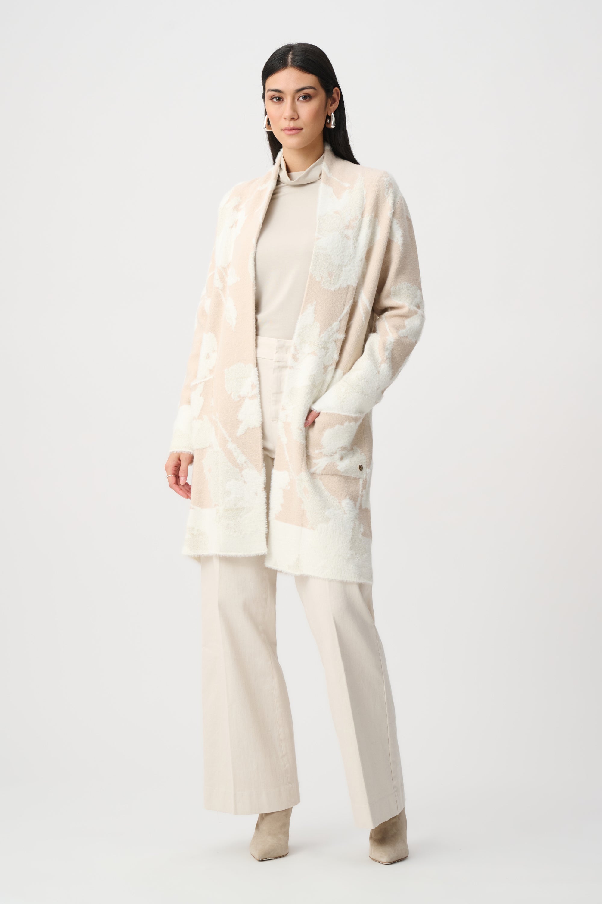 Joseph Ribkoff Jacquard Long Cardigan 253956 - Oatmeal/ Winter White