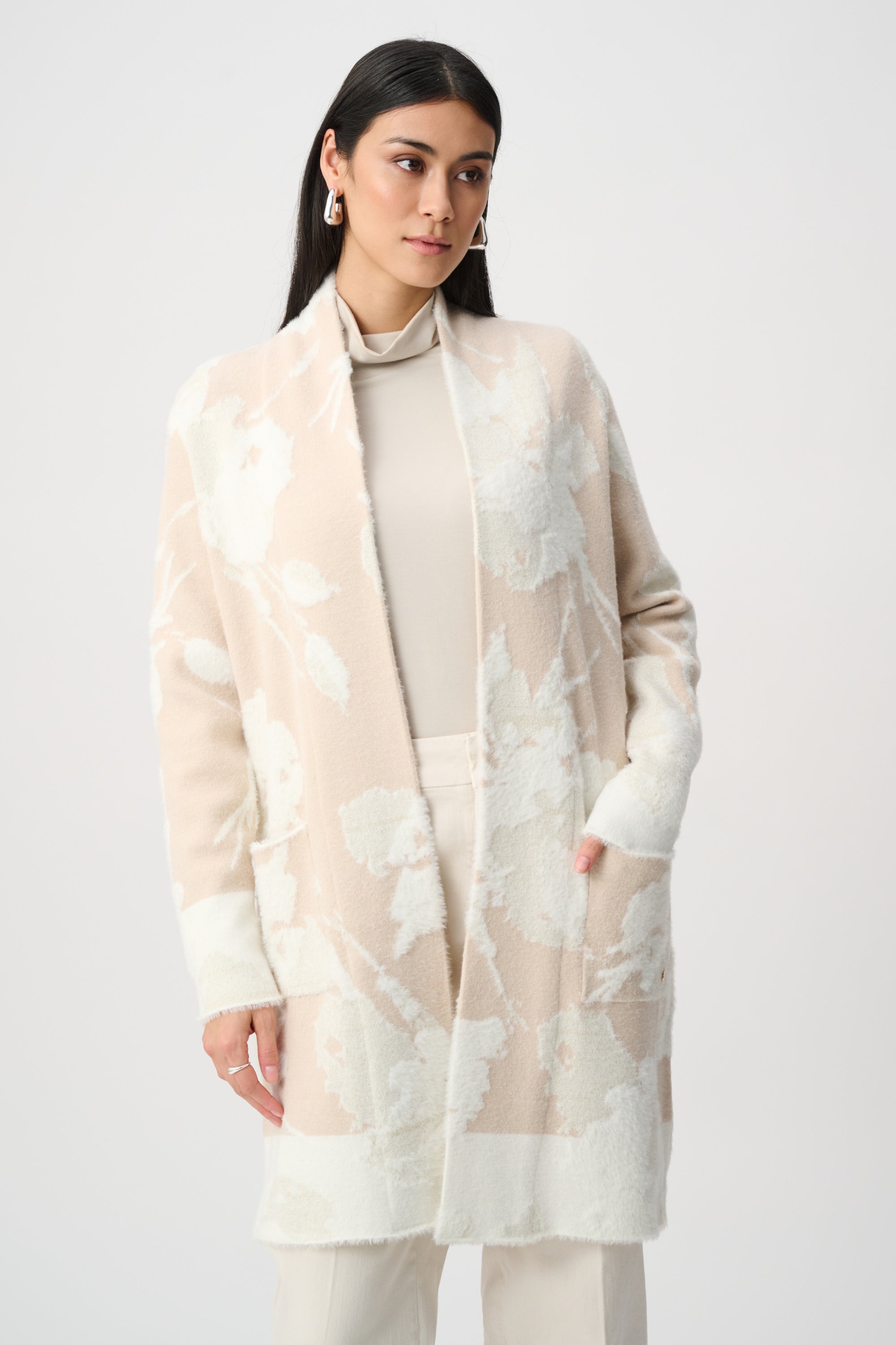 Joseph Ribkoff Jacquard Long Cardigan 253956 - Oatmeal/ Winter White