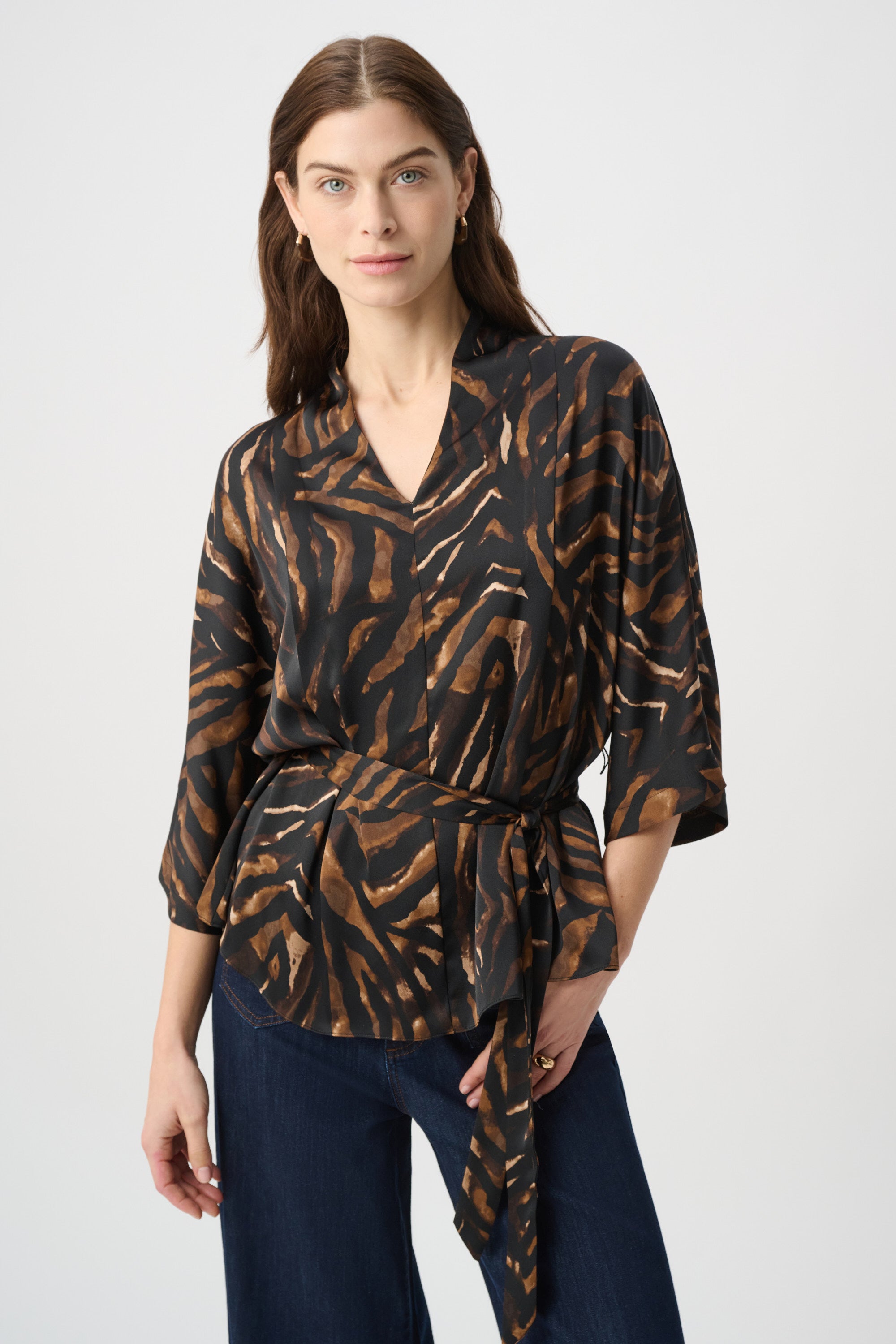 Joseph Ribkoff Animal Print Satin Belted Top 264027 - Black/Brown