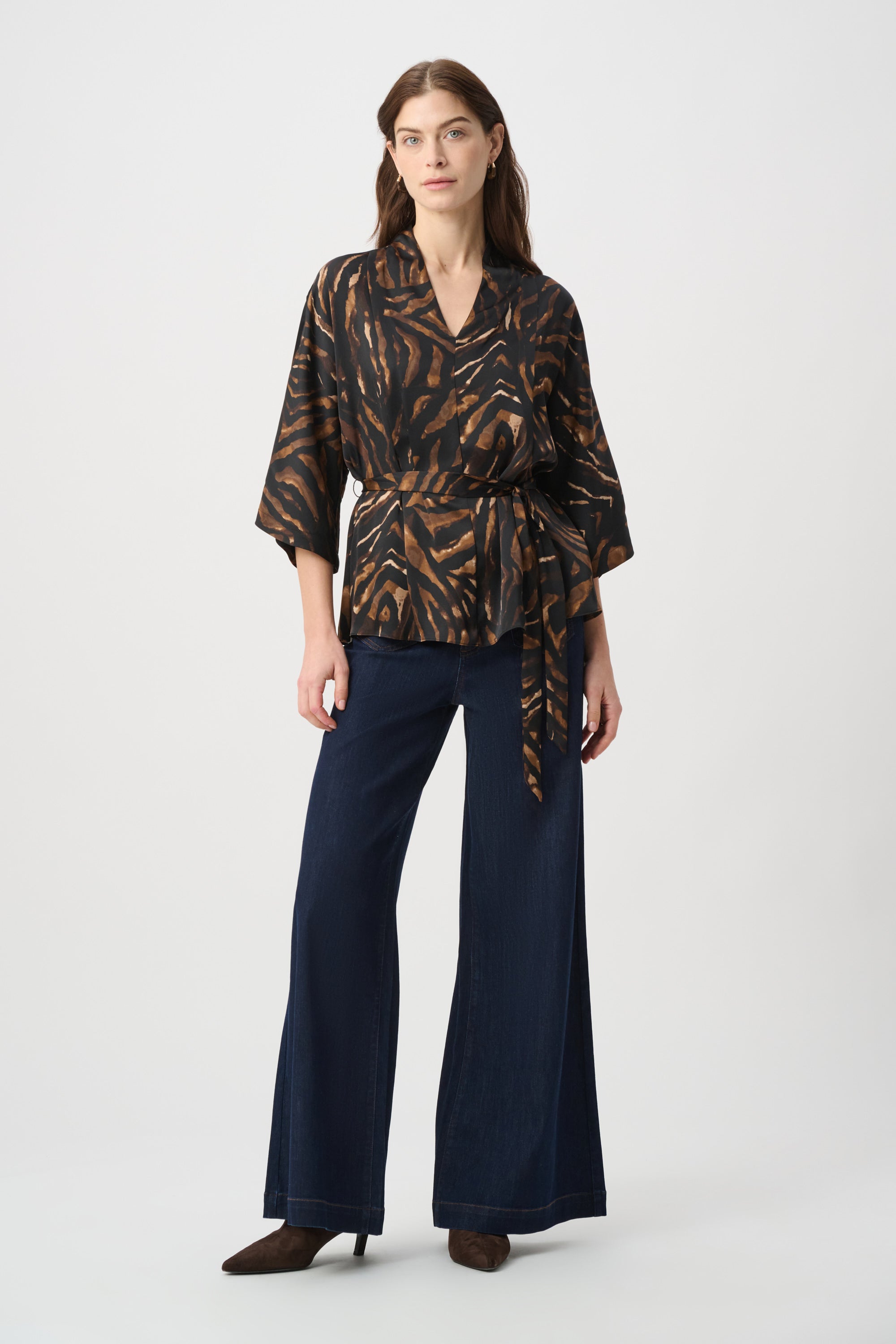 Joseph Ribkoff Animal Print Satin Belted Top 264027 - Black/Brown