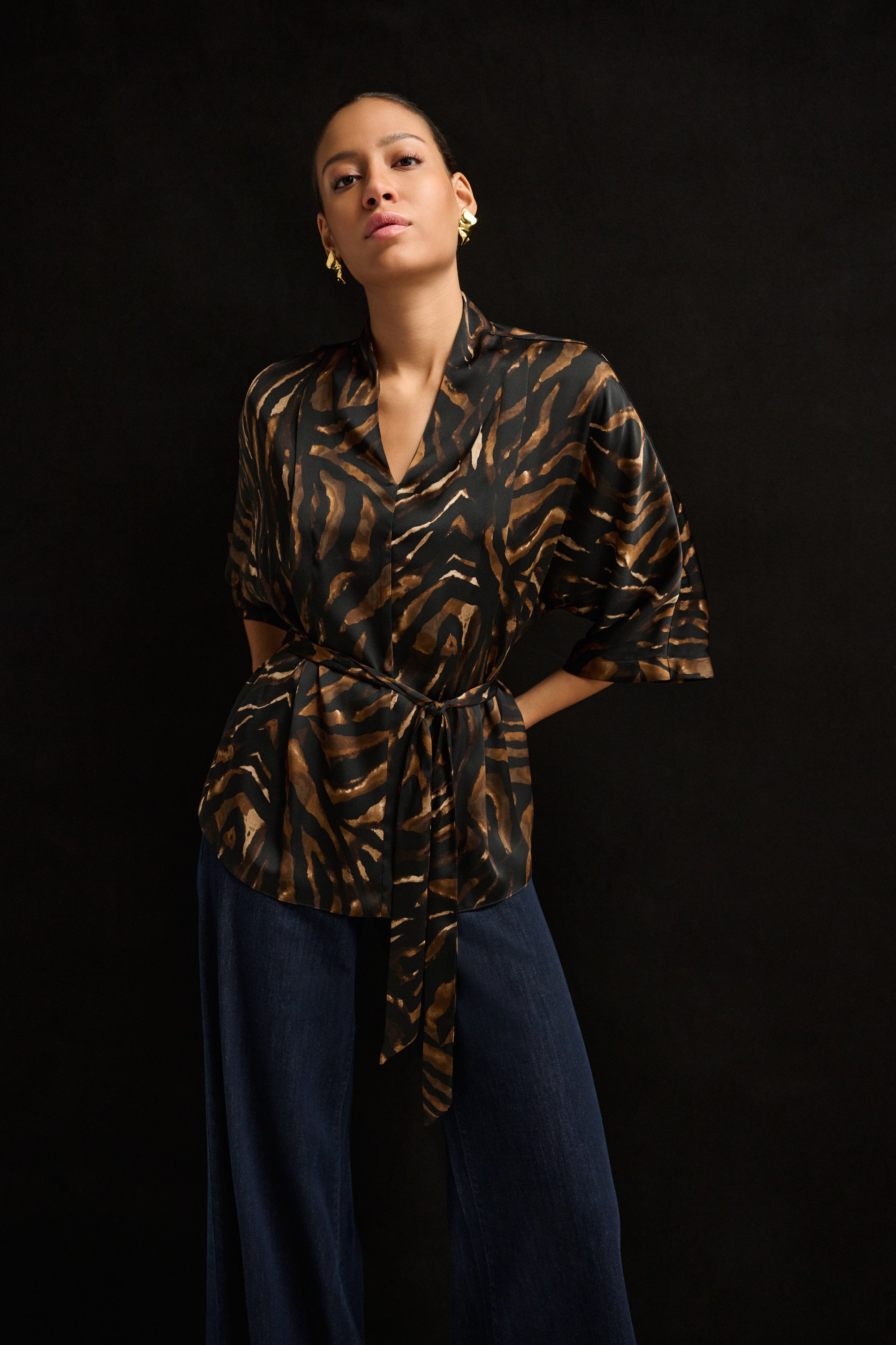 Joseph Ribkoff Animal Print Satin Belted Top 264027 - Black/Brown