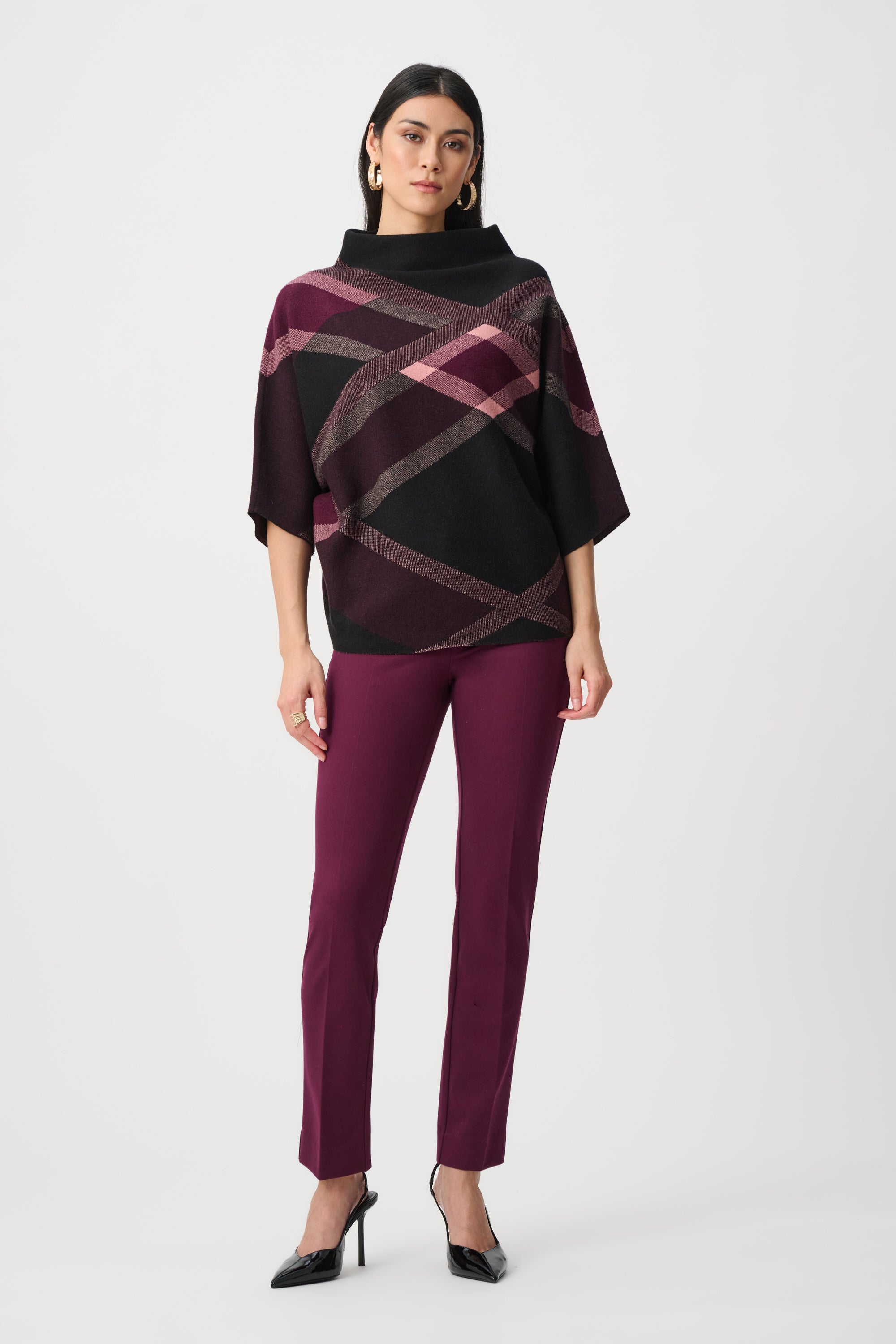 Joseph Ribkoff Plaid Funnel Neck Sweater 263947 - Black/ Multi
