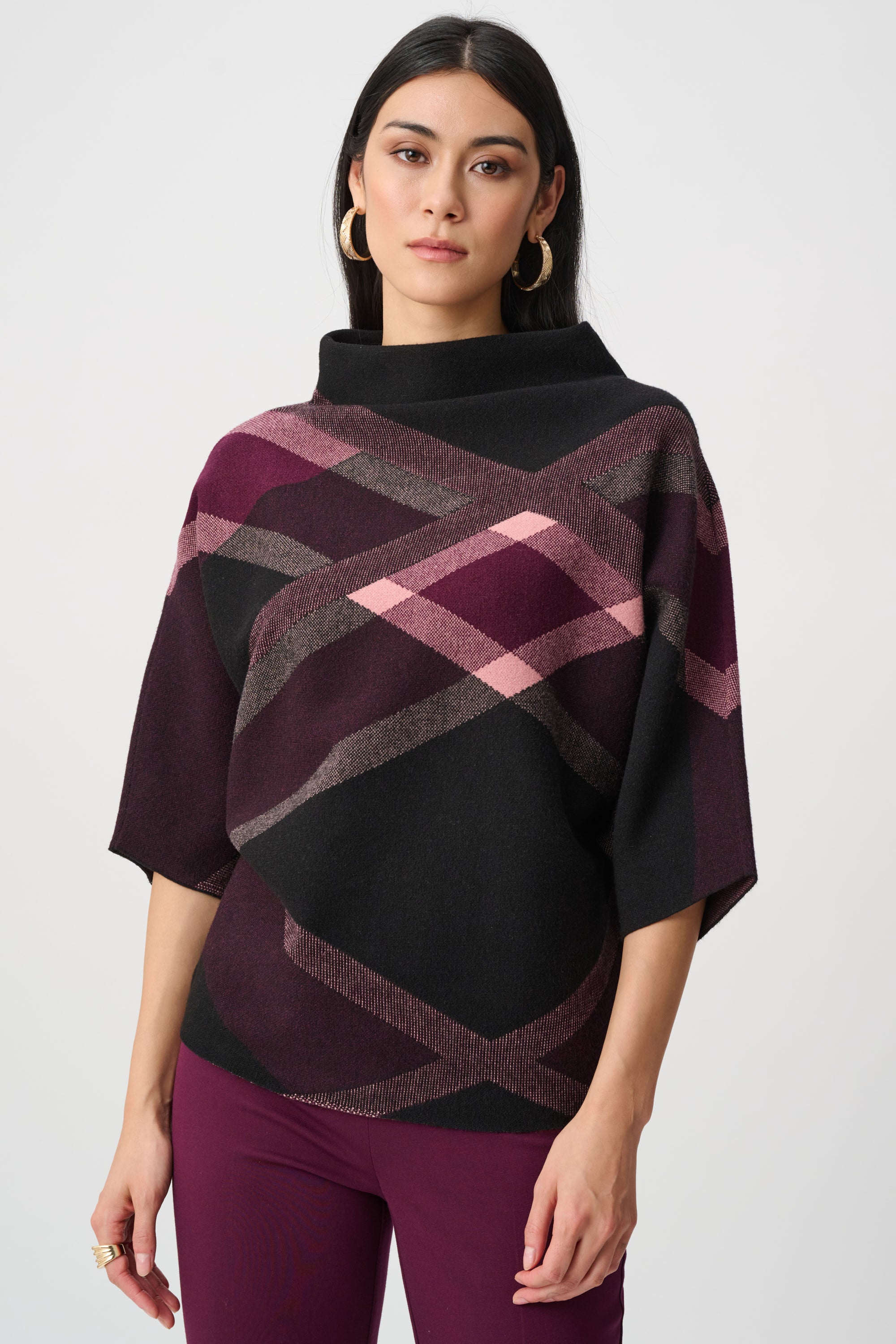 Joseph Ribkoff Plaid Funnel Neck Sweater 263947 - Black/ Multi