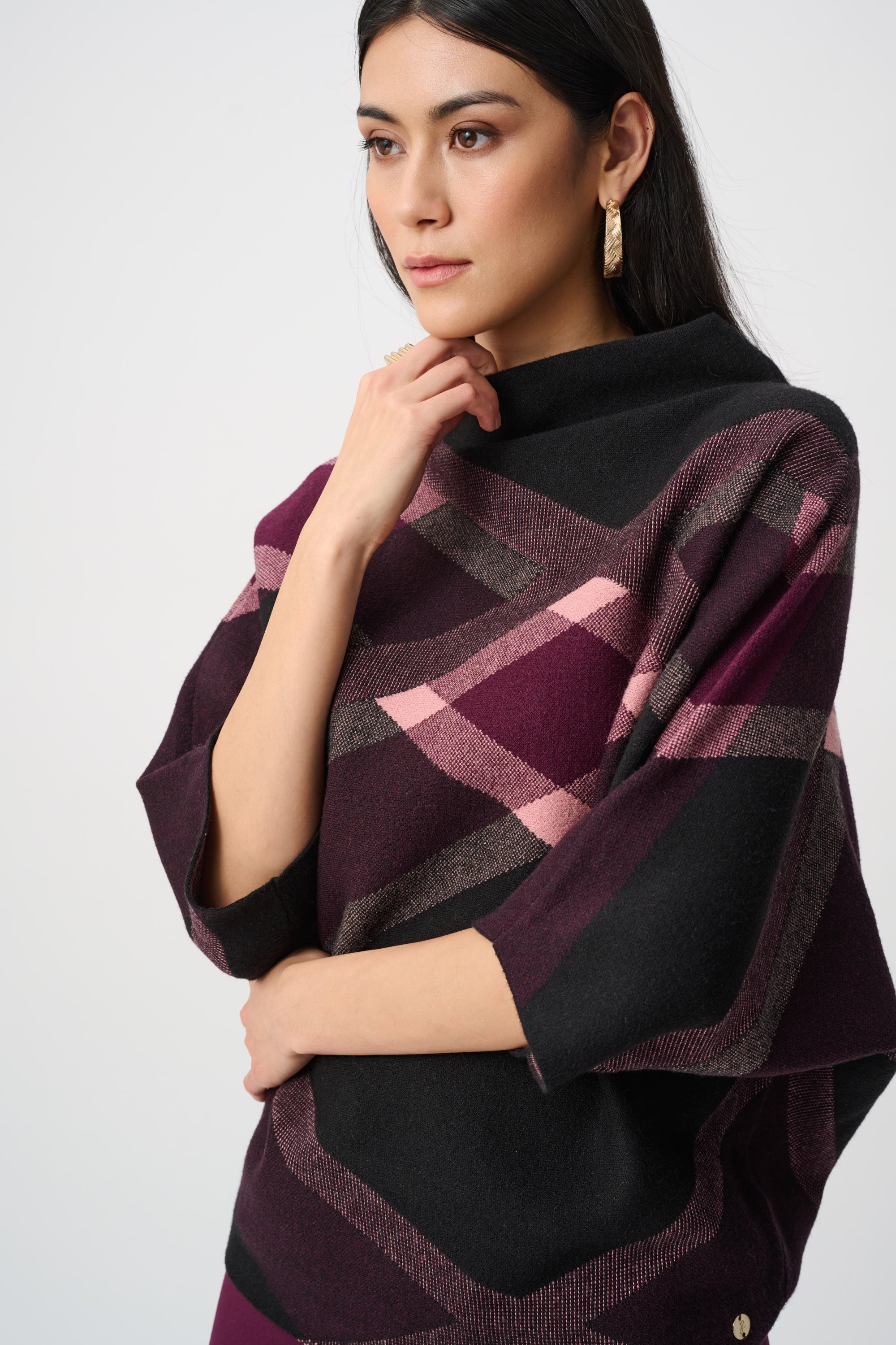 Joseph Ribkoff Plaid Funnel Neck Sweater 263947 - Black/ Multi