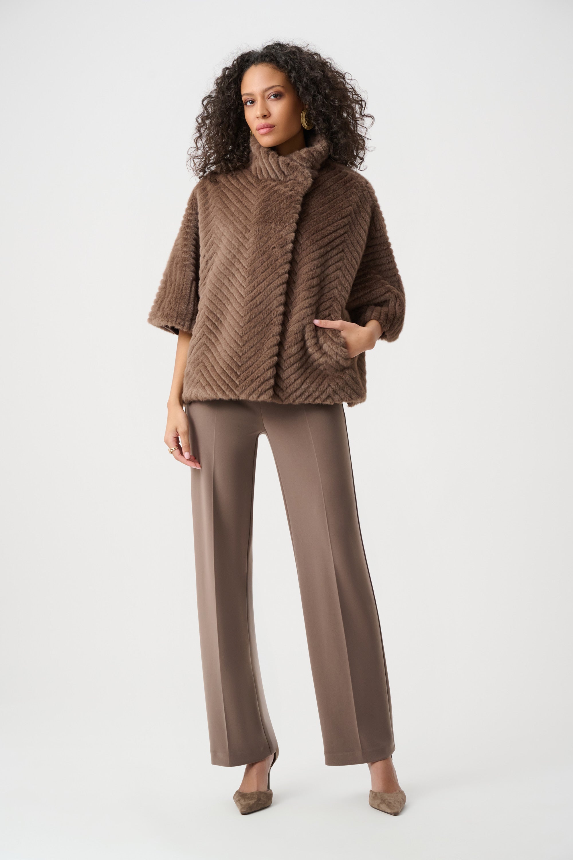 Joseph Ribkoff Chevron Faux Fur Cape Style Jacket 263917 - Mink
