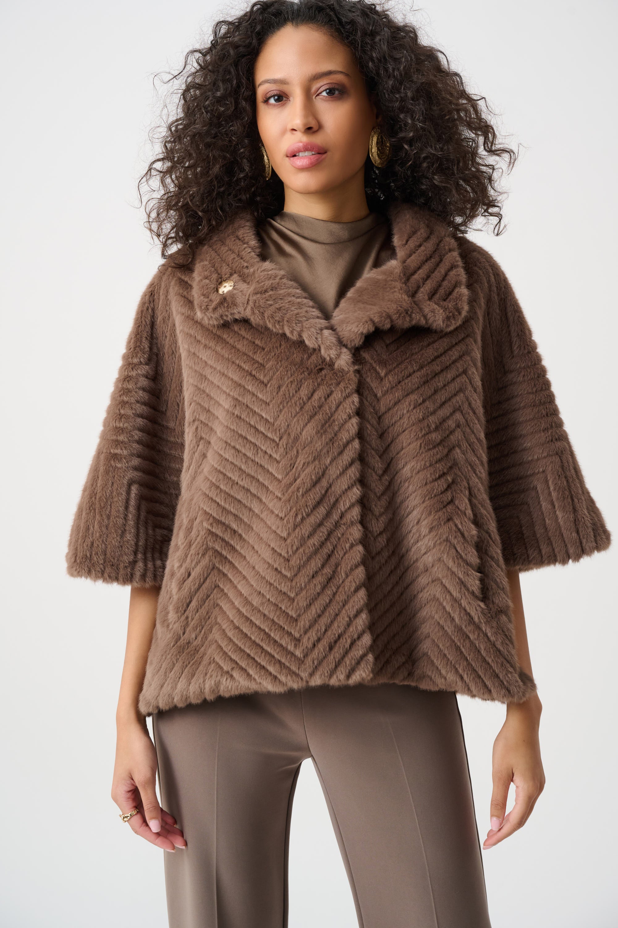 Joseph Ribkoff Chevron Faux Fur Cape Style Jacket 263917 - Mink