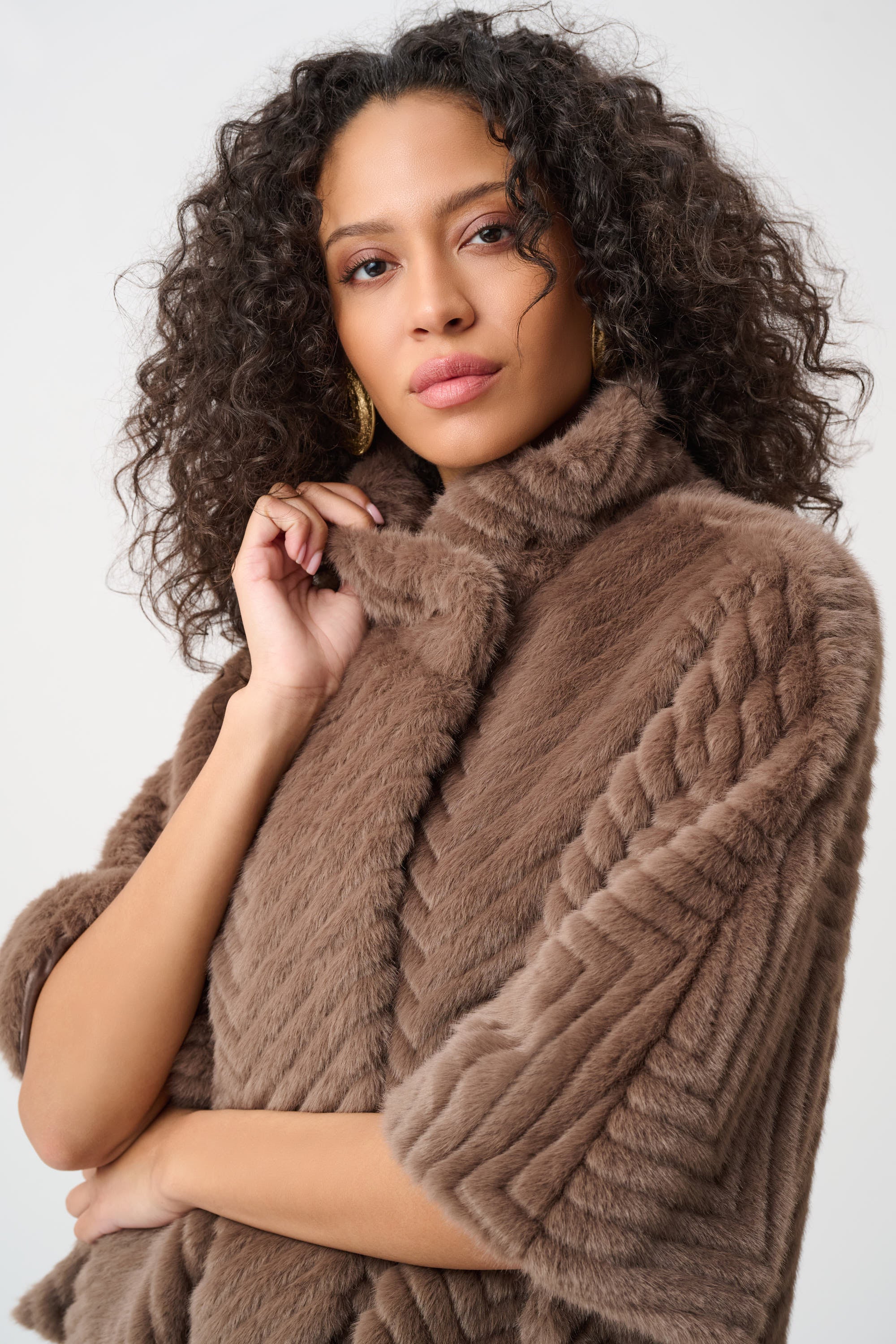 Joseph Ribkoff Chevron Faux Fur Cape Style Jacket 263917 - Mink