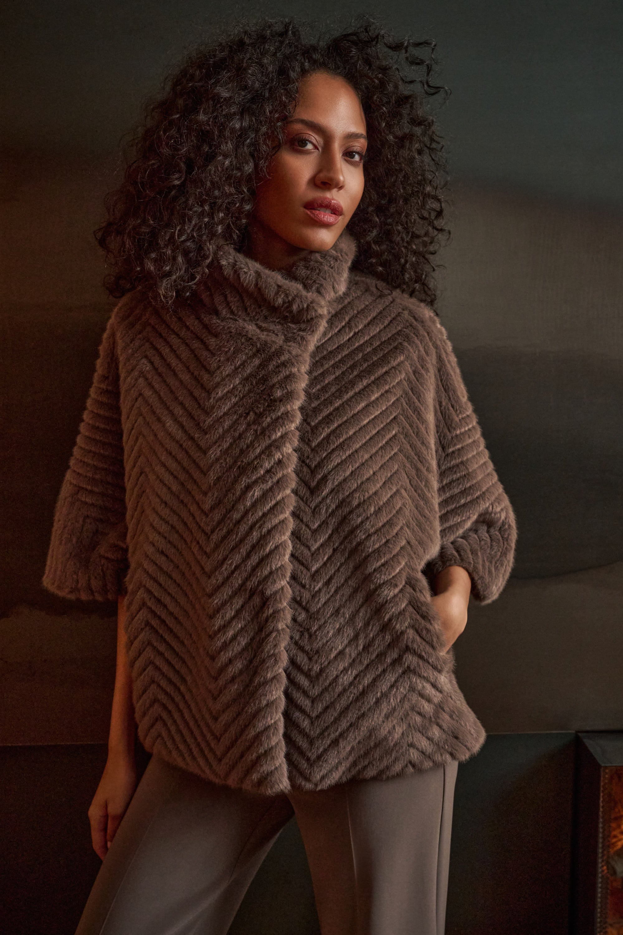 Joseph Ribkoff Chevron Faux Fur Cape Style Jacket 263917 - Mink