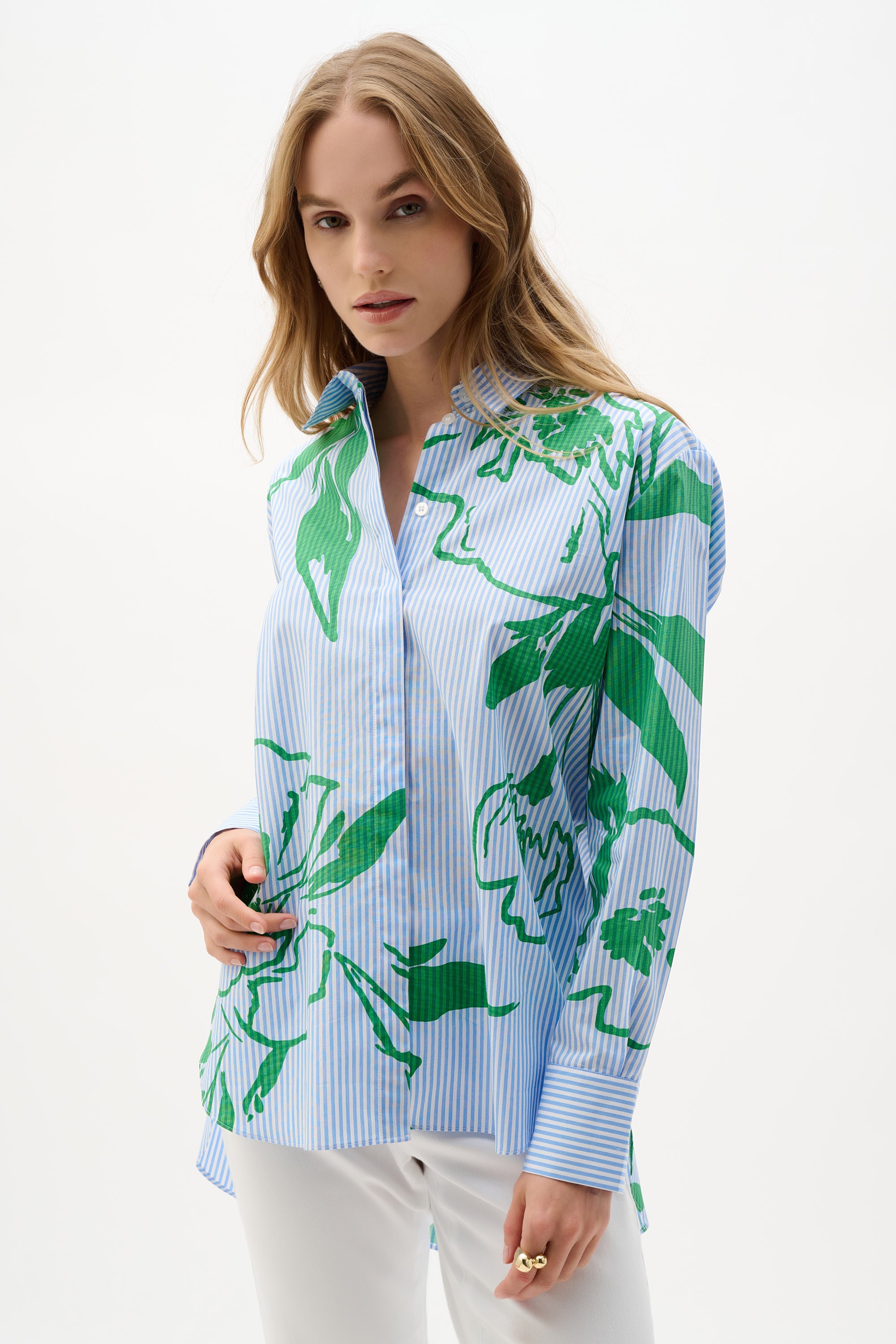 Joseph Ribkoff Stripe Floral Print Boxy Blouse 262951 - Vanilla/ Multi