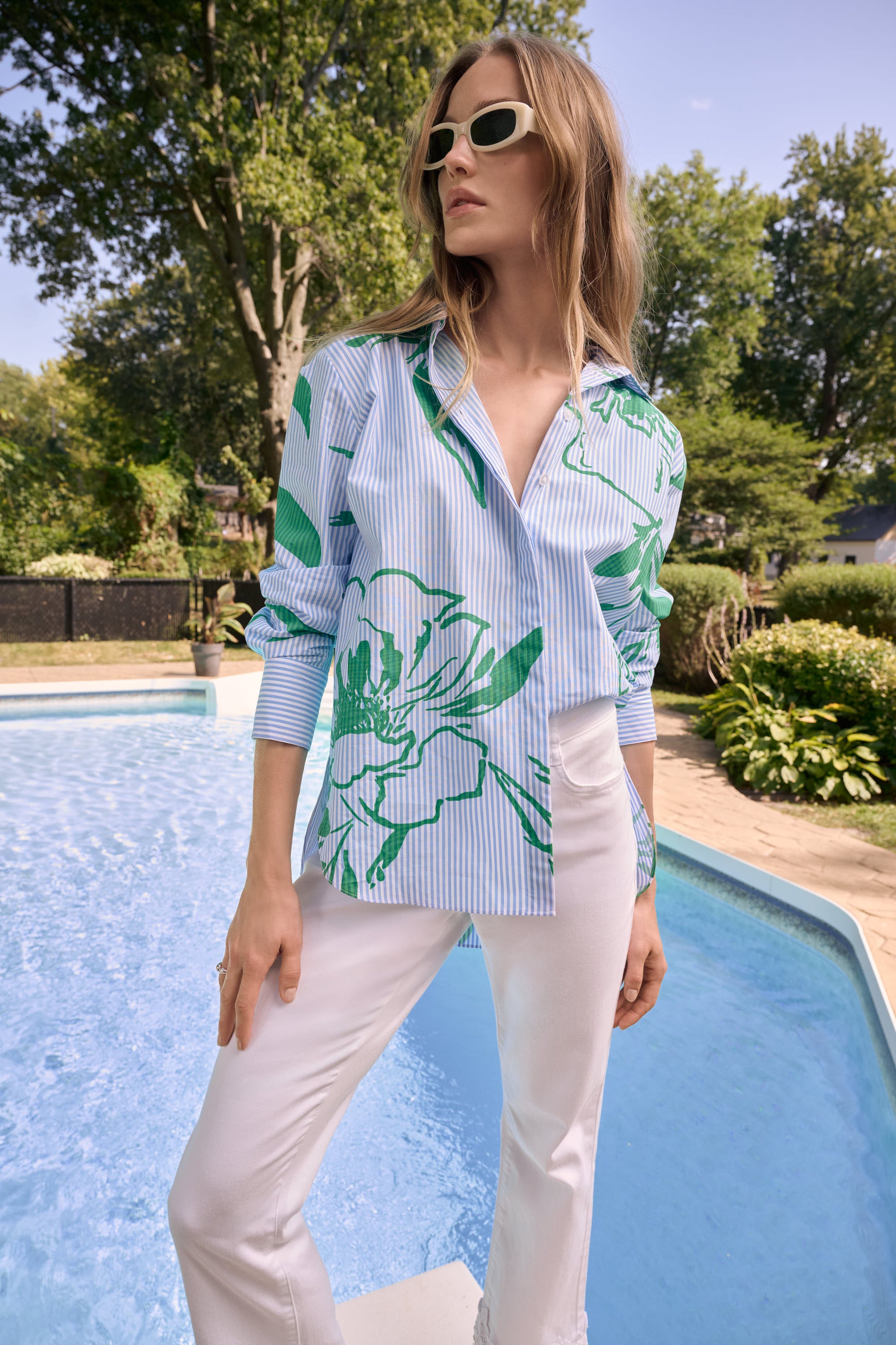 Joseph Ribkoff Stripe Floral Print Boxy Blouse 262951 - Vanilla/ Multi