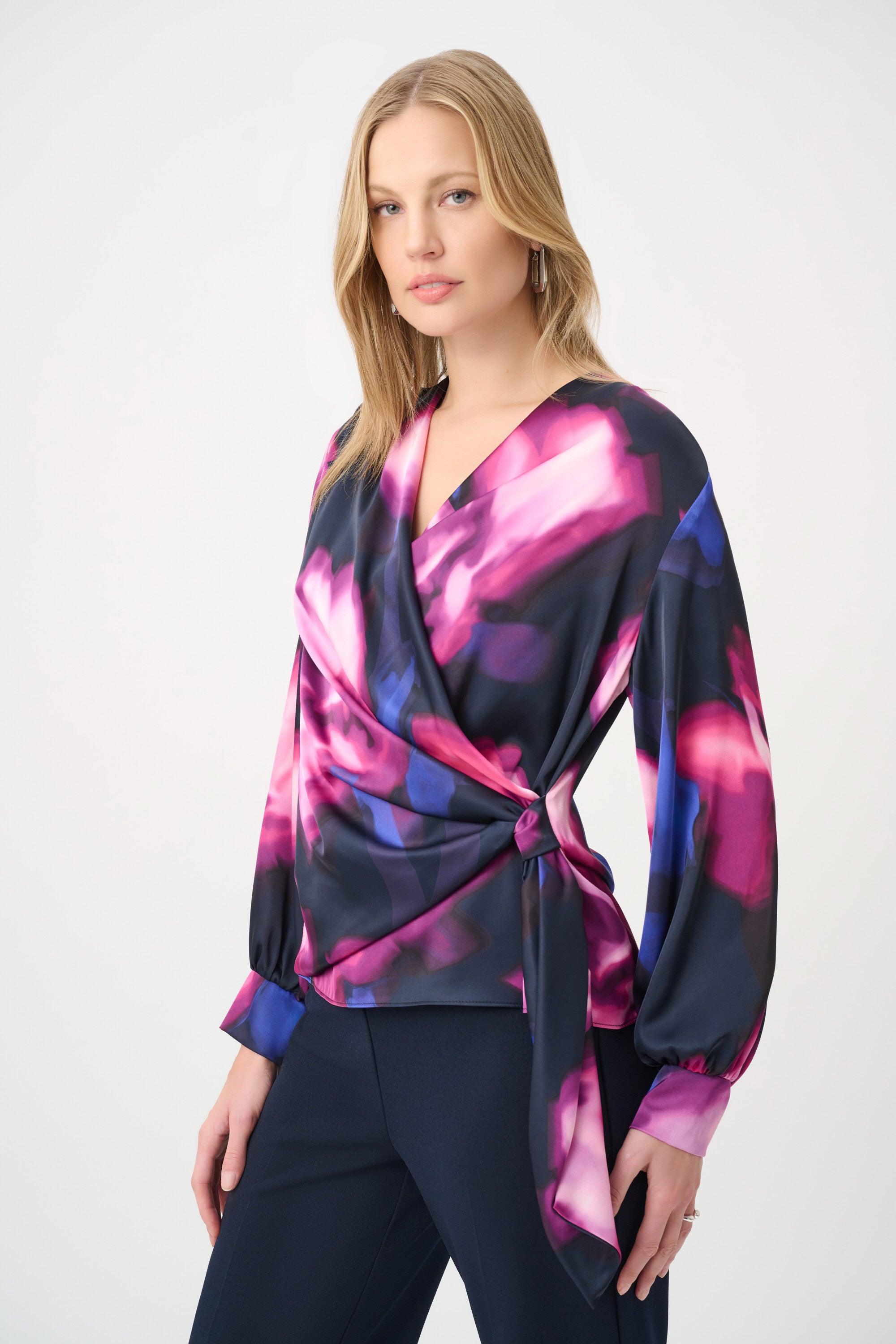 Joseph Ribkoff Floral Print Satin Wrap Top 264733 - Midnight Blue/ Multi