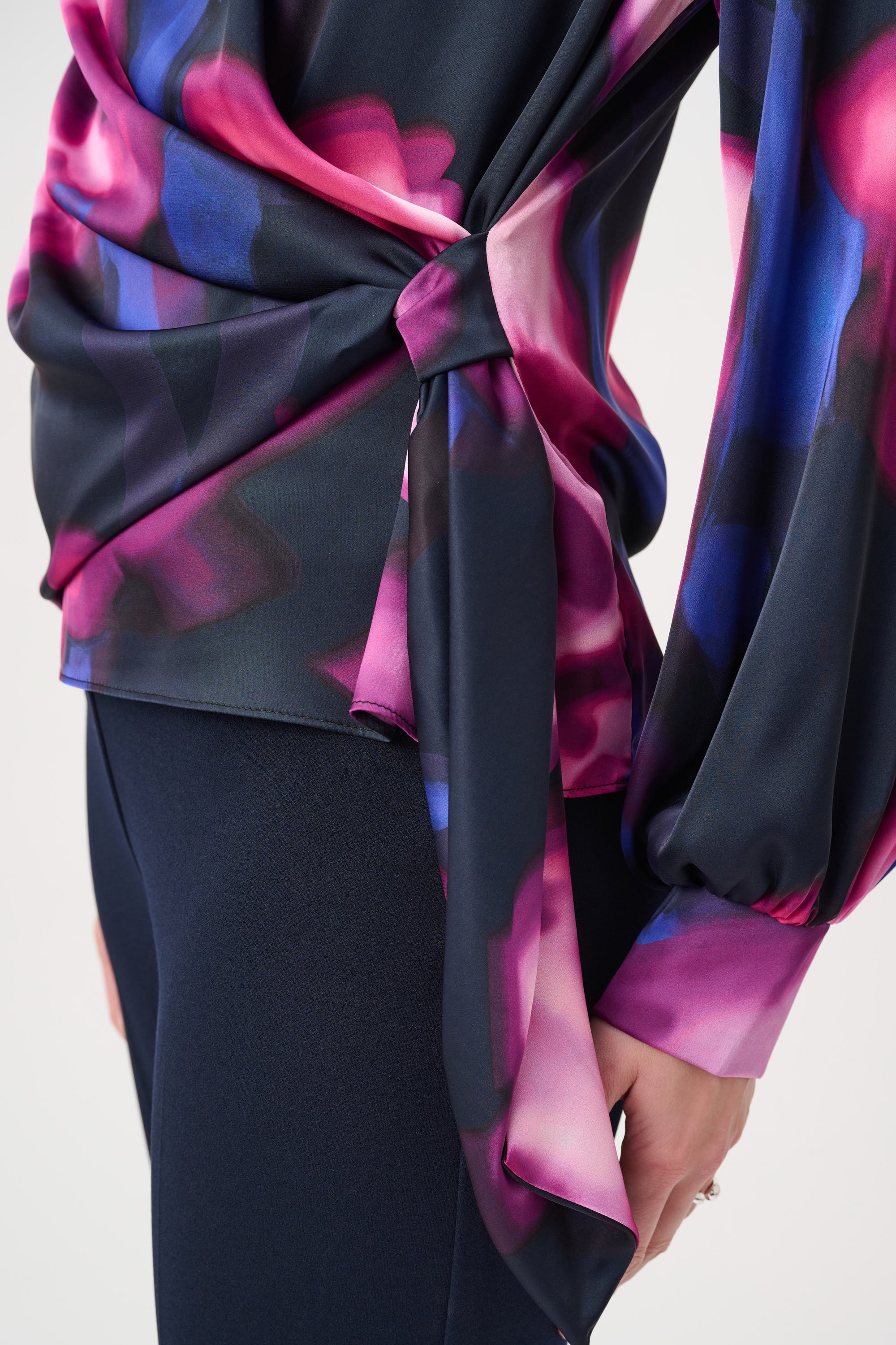 Joseph Ribkoff Floral Print Satin Wrap Top 264733 - Midnight Blue/ Multi