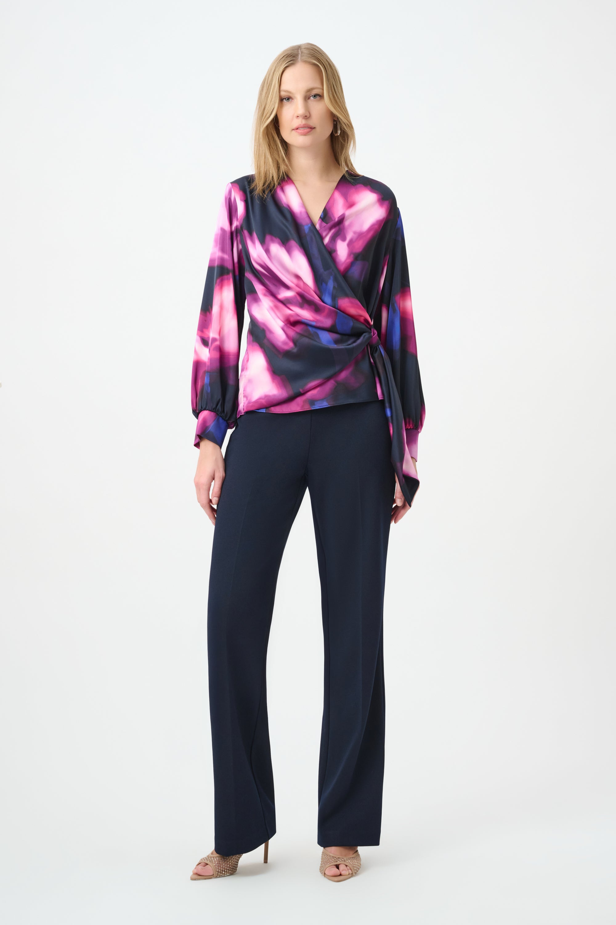 Joseph Ribkoff Floral Print Satin Wrap Top 264733 - Midnight Blue/ Multi